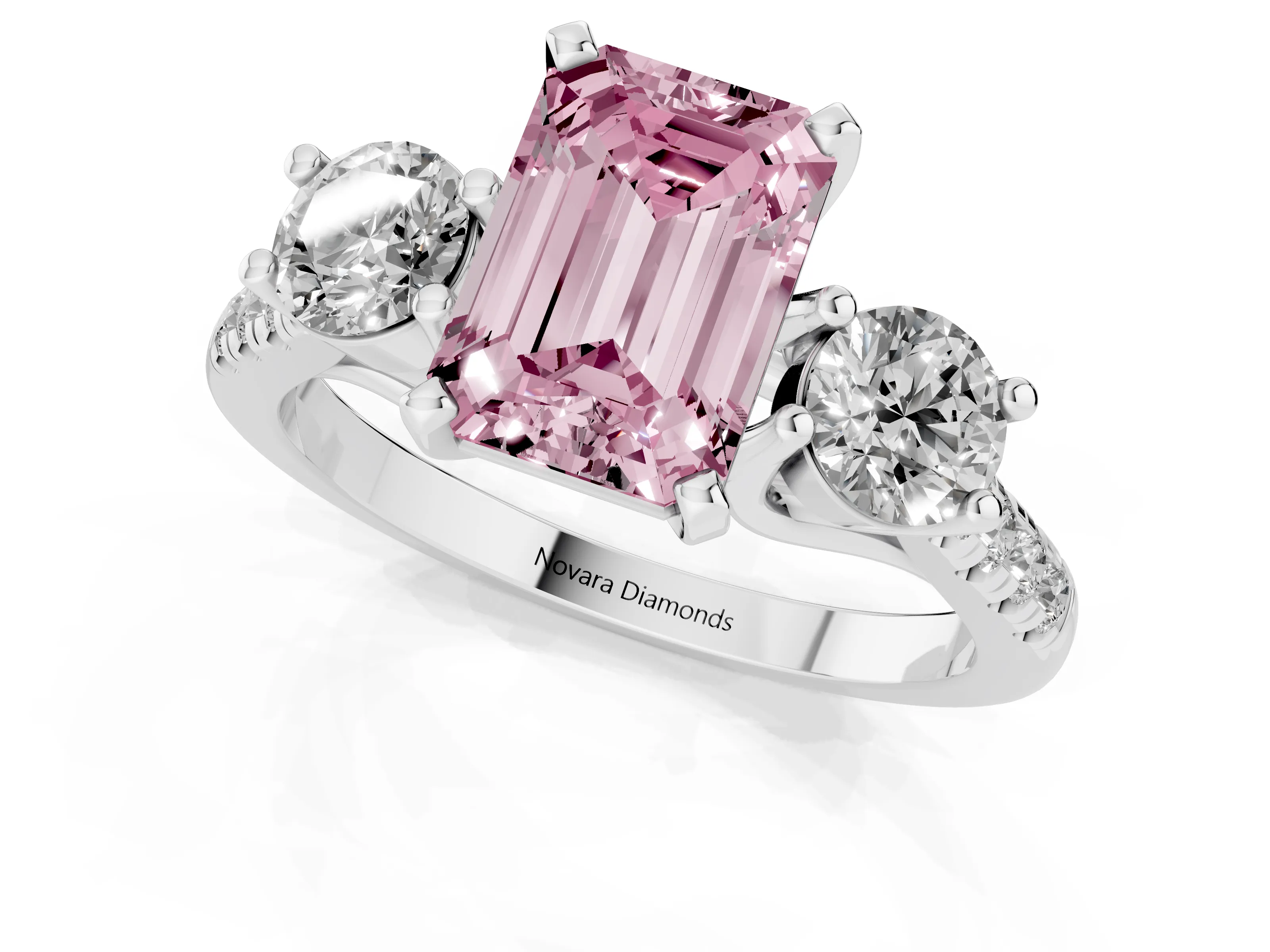 Fancy Pink Three-Stone Emerald Cut Diamond Pavé Band Ring Set in Silver with Prong-Set Trio