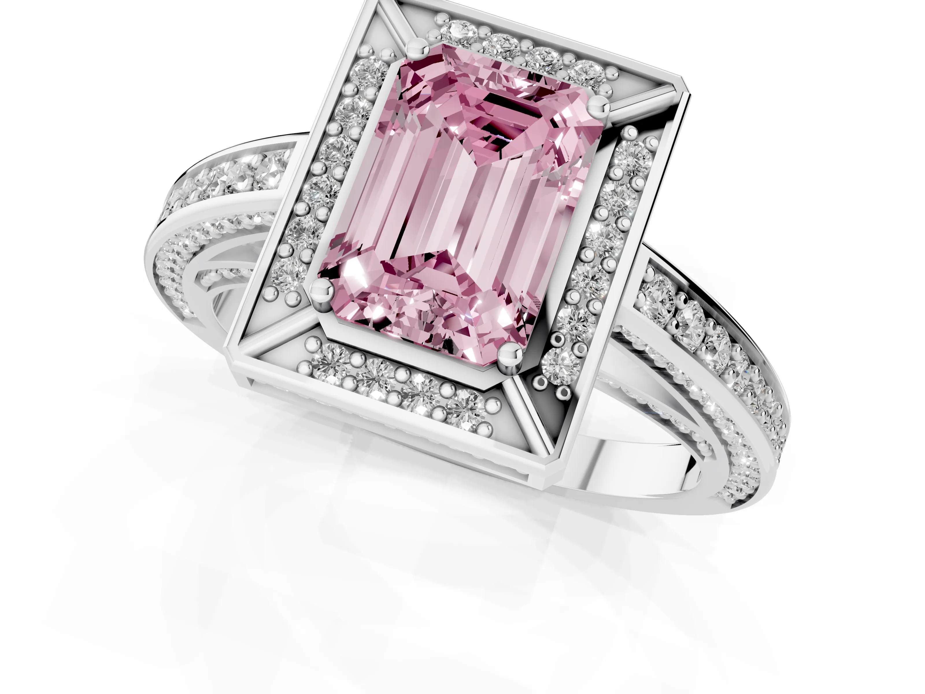 Fancy Pink Emerald Cut Diamond Halo Pavé Split Shank Ring Set in Silver with Prong Setting