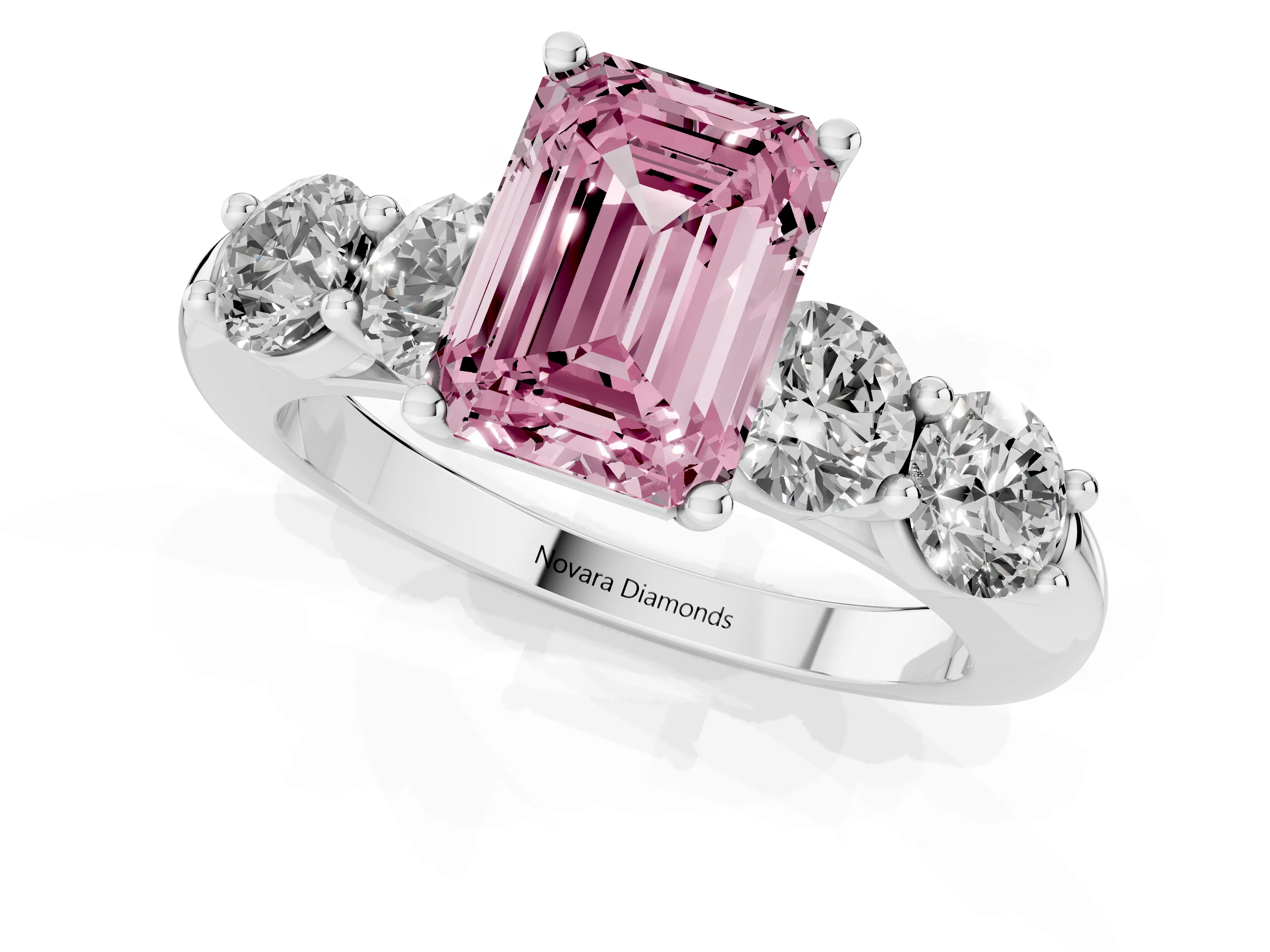 Fancy Pink Emerald Cut Diamond Five-Stone Prong Set Ring Set in White gold with Classic Band