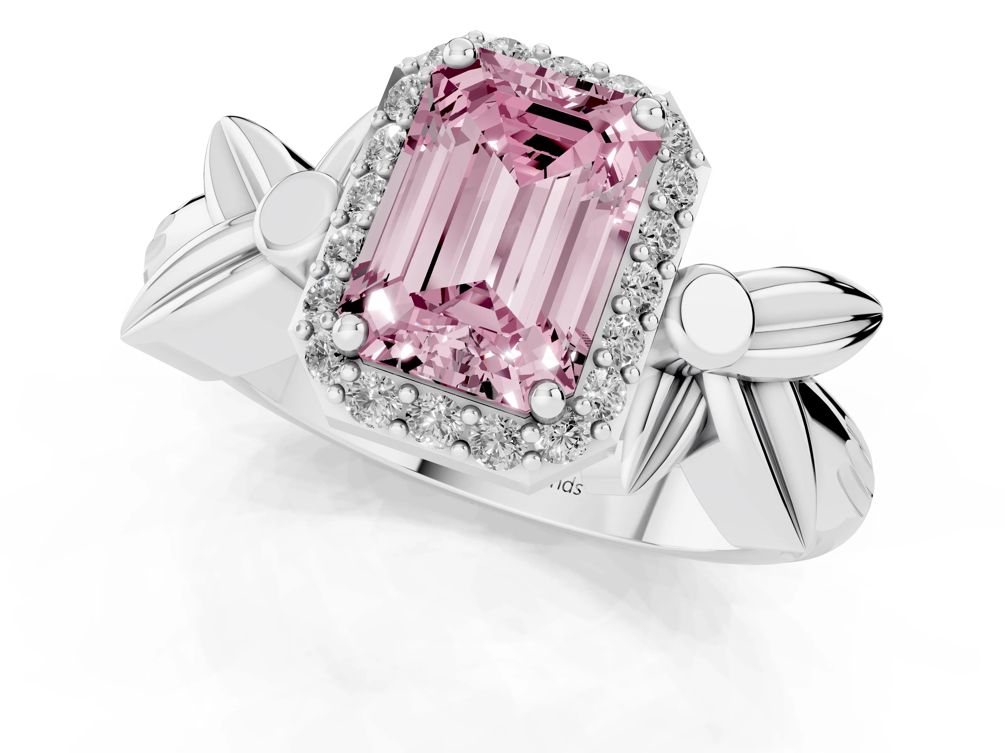 Fancy Pink Emerald Cut Diamond Halo Floral Band Ring Set in White gold with Prong Setting