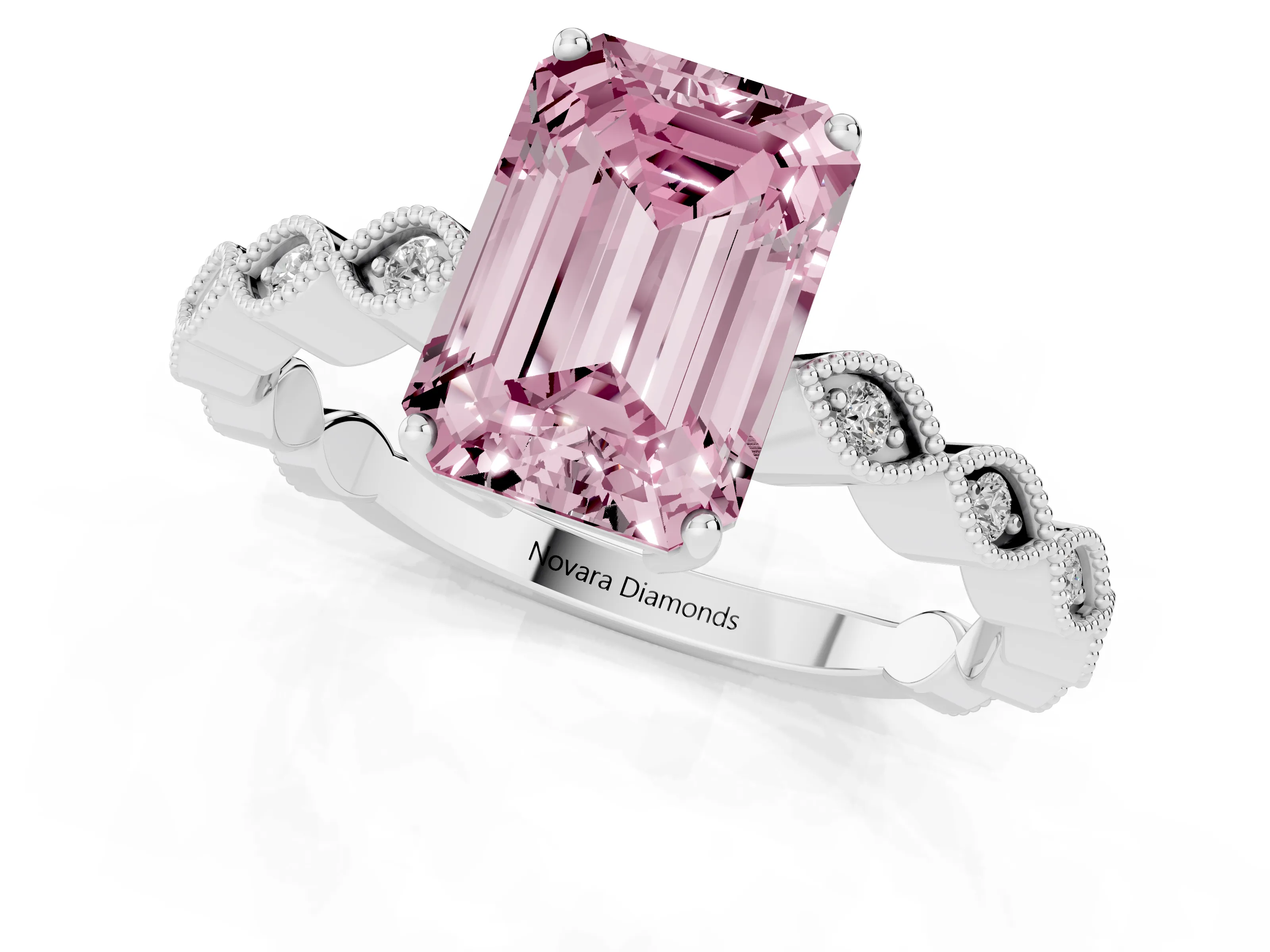 Fancy Pink Emerald Cut Diamond Solitaire Ring Set in Silver with Infinity Twist Pavé Band