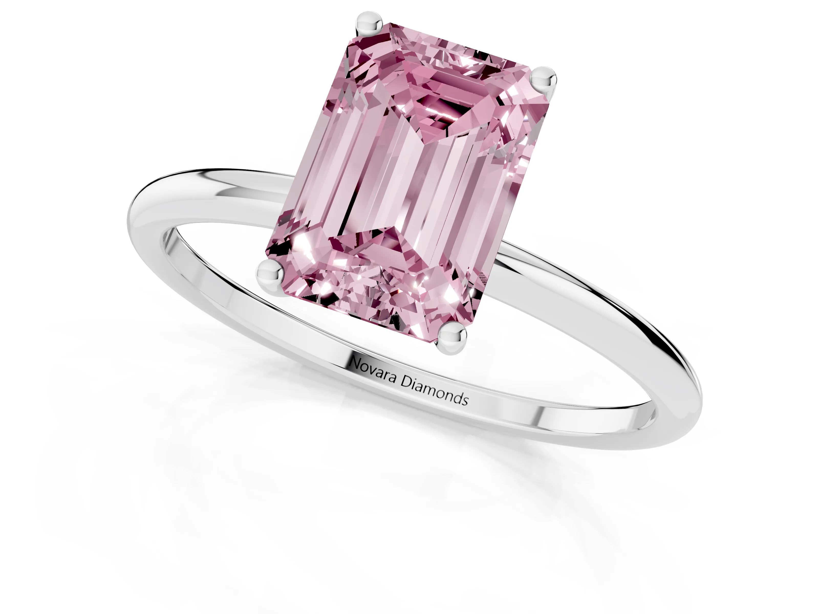 Fancy Pink Emerald Cut Diamond Solitaire Engagement Ring Set in Platinum with Thin Band and Prong Setting