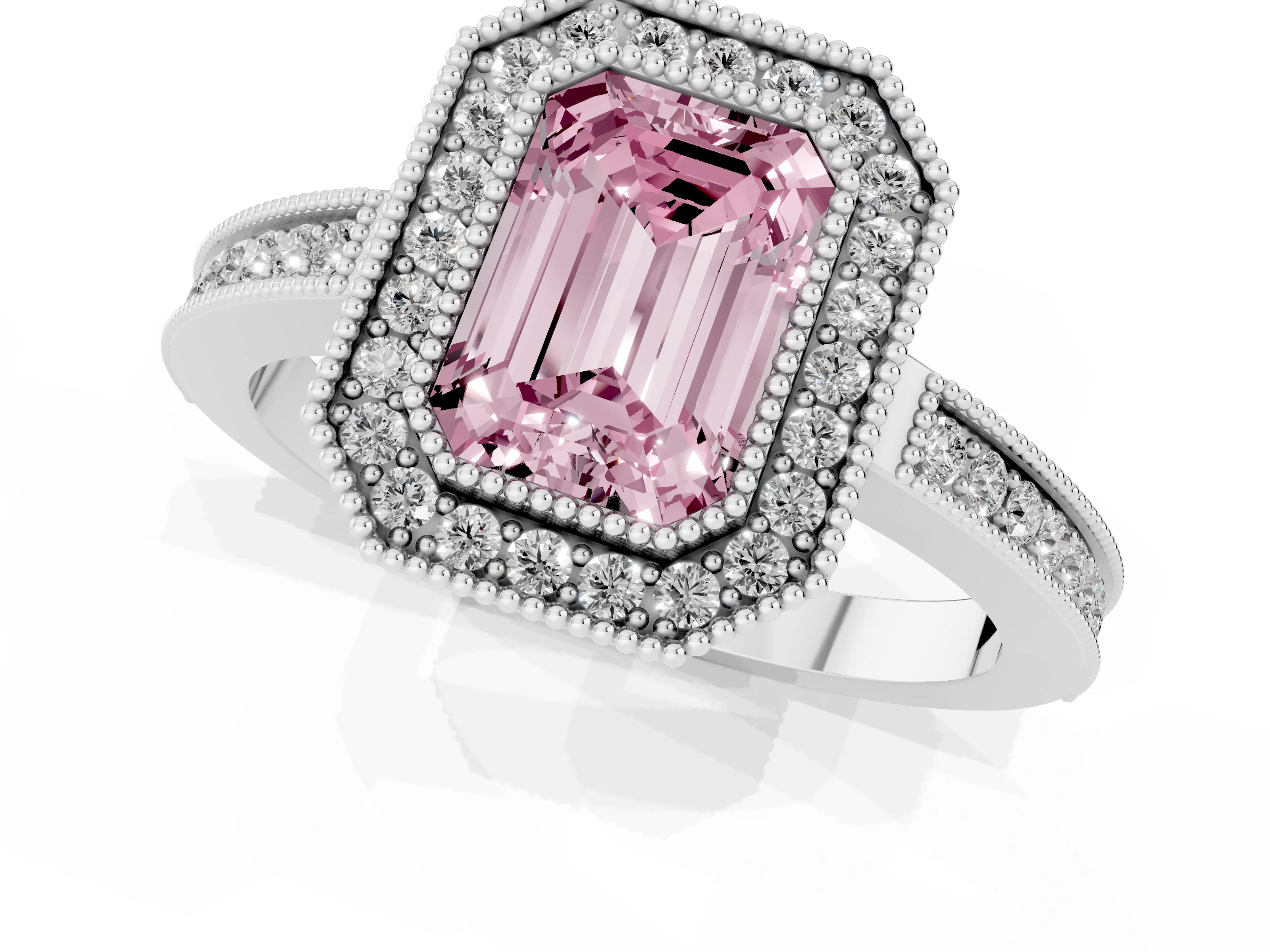 Fancy Pink Emerald Cut Diamond Halo Ring Set in White gold with Pavé Band and Milgrain-Edged Prongs