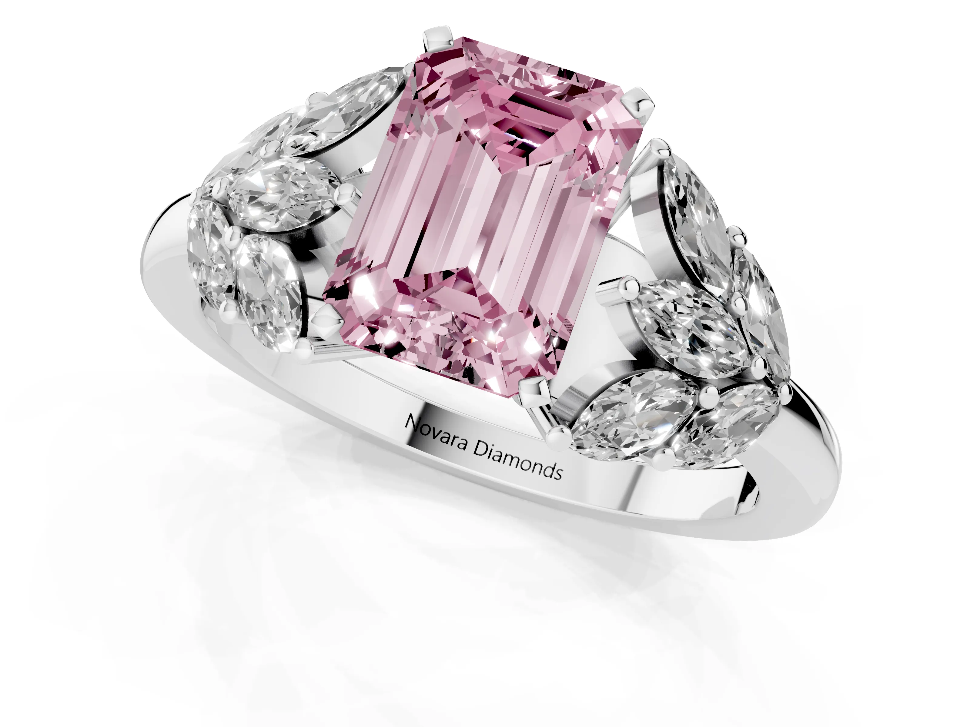 Fancy Pink Emerald Cut Diamond Cluster Leaf Design Ring Set in Platinum with Prong Setting