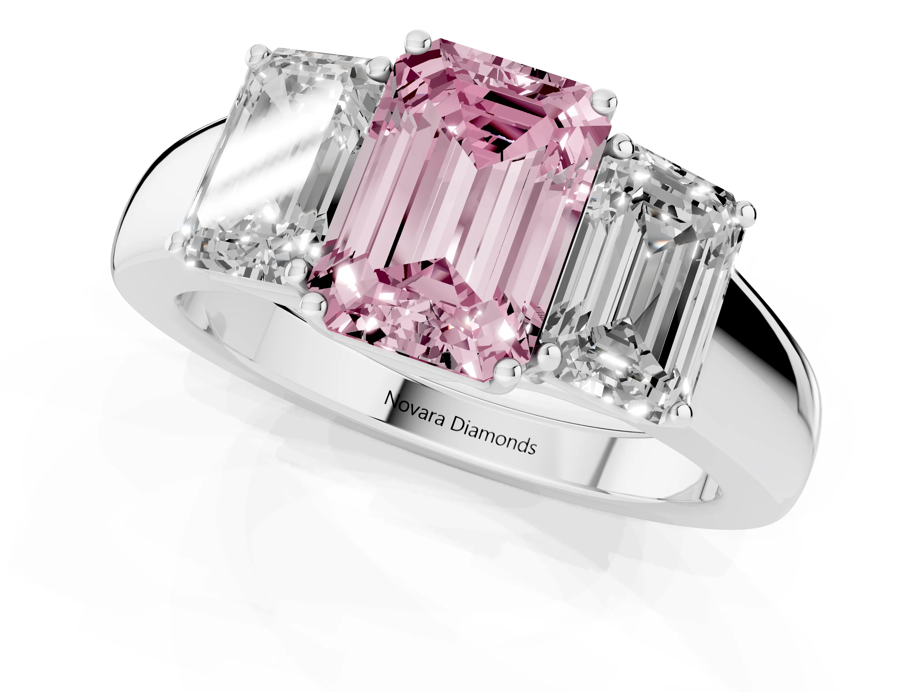 Fancy Pink Three-Stone Emerald Cut Diamond Ring Set in White gold with Matching Prong Settings and Plain Band