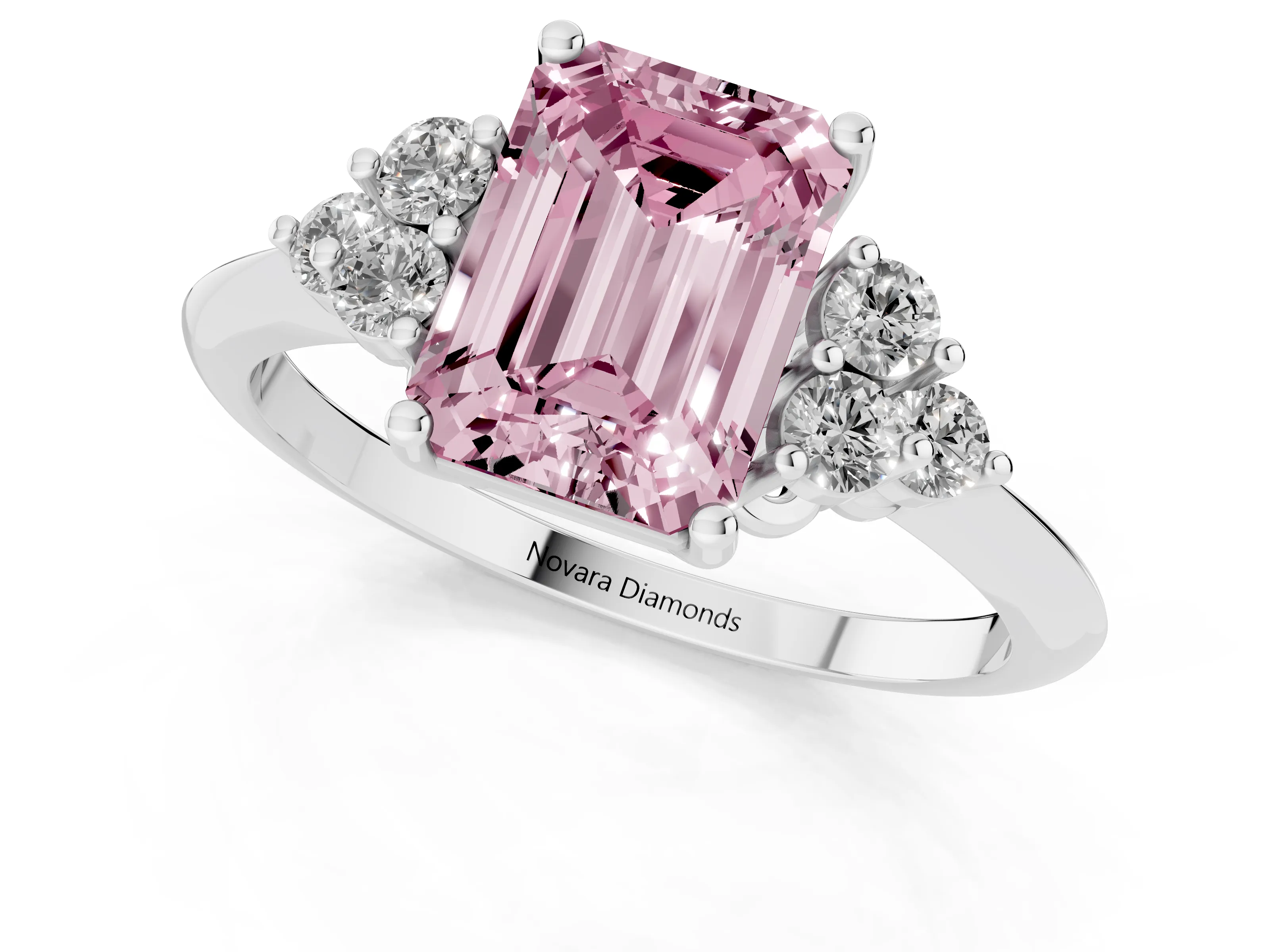 Fancy Pink Emerald Cut Diamond Cluster Ring Set in Silver with Plain Band and Prong Setting