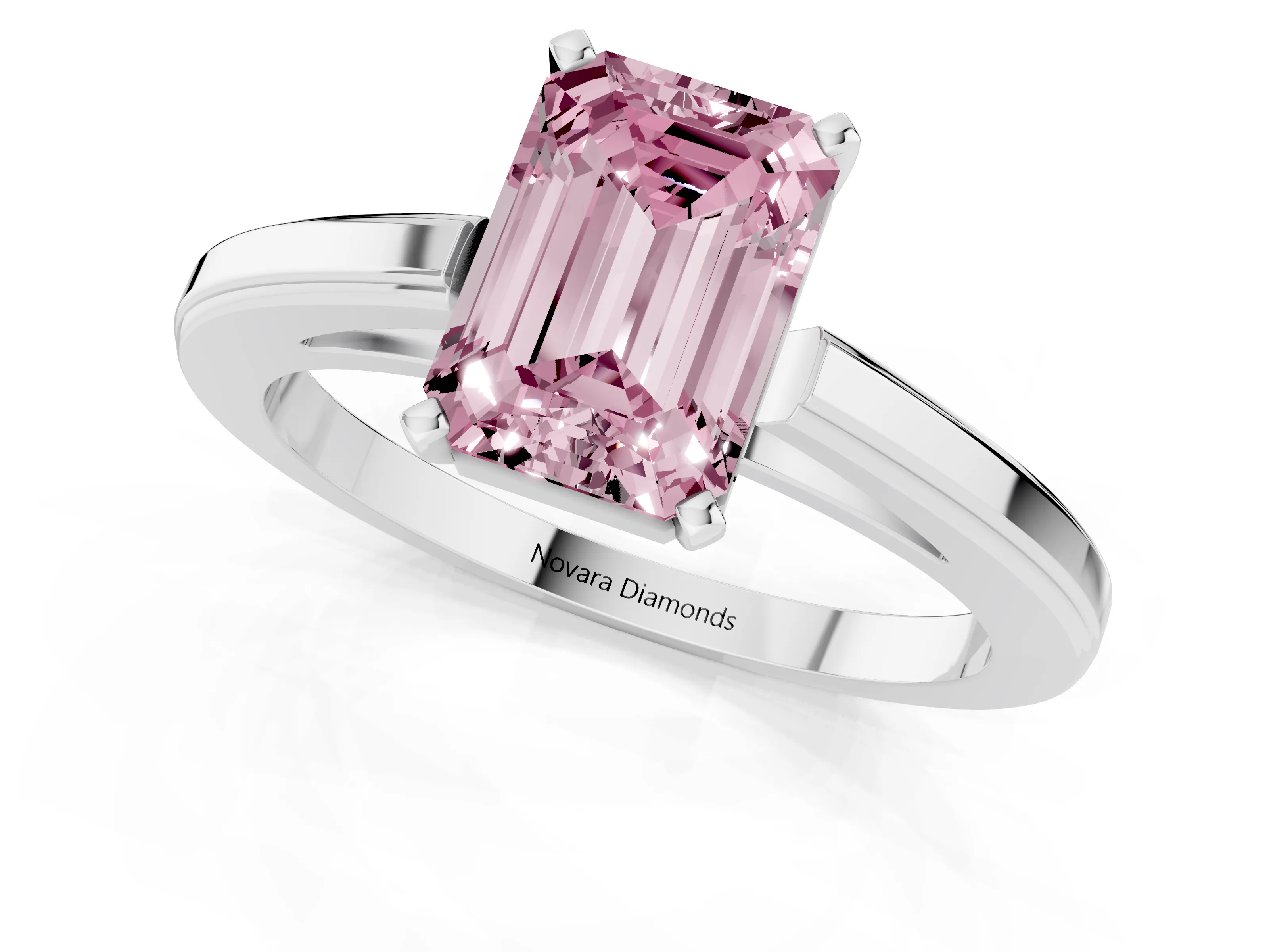 Fancy Pink Emerald Cut Diamond Solitaire Ring Set in Platinum with Prong Setting and Classic Band