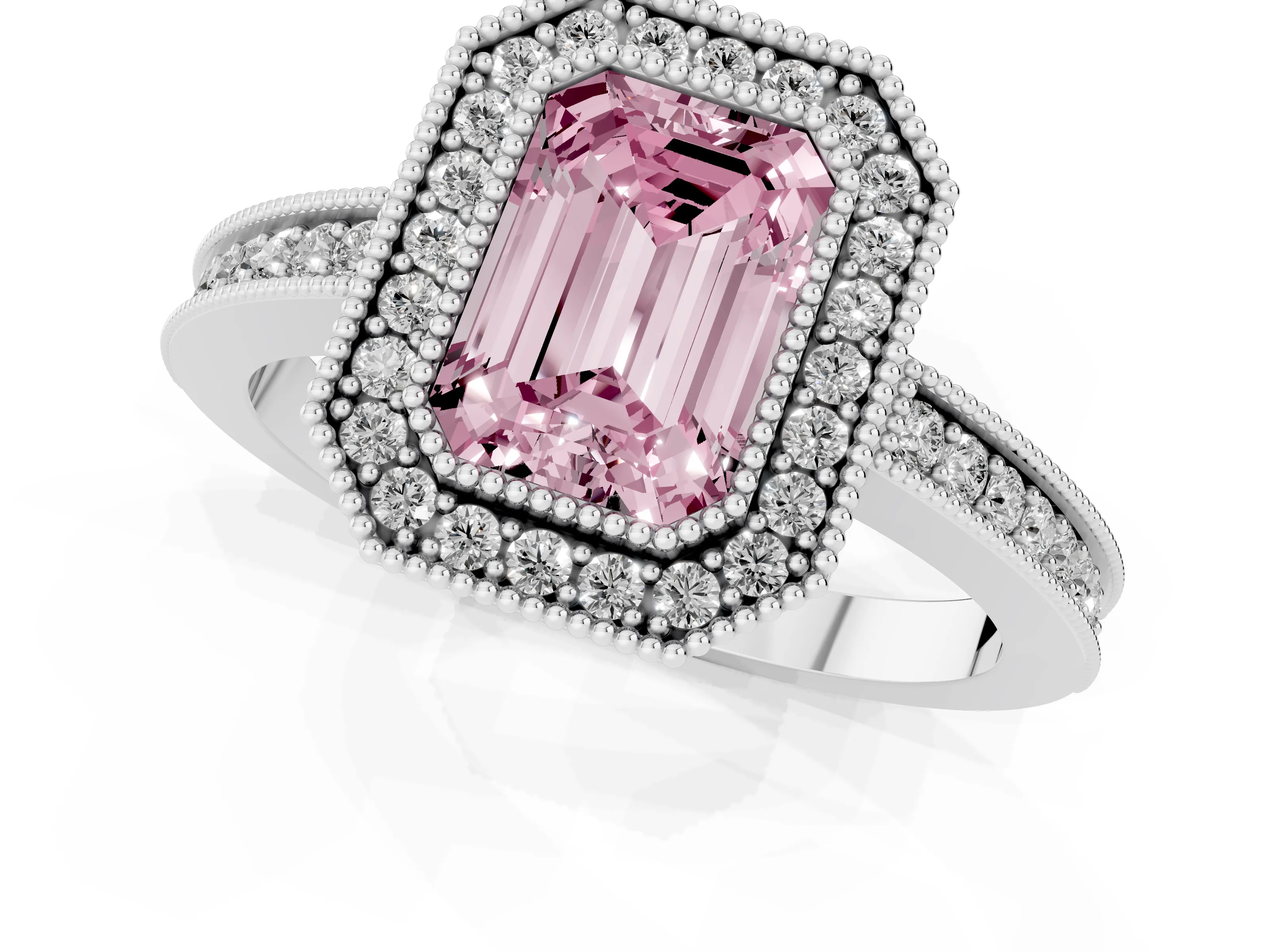 Fancy Pink Emerald Cut Diamond Round Halo Ring Set in Silver with Pavé Band