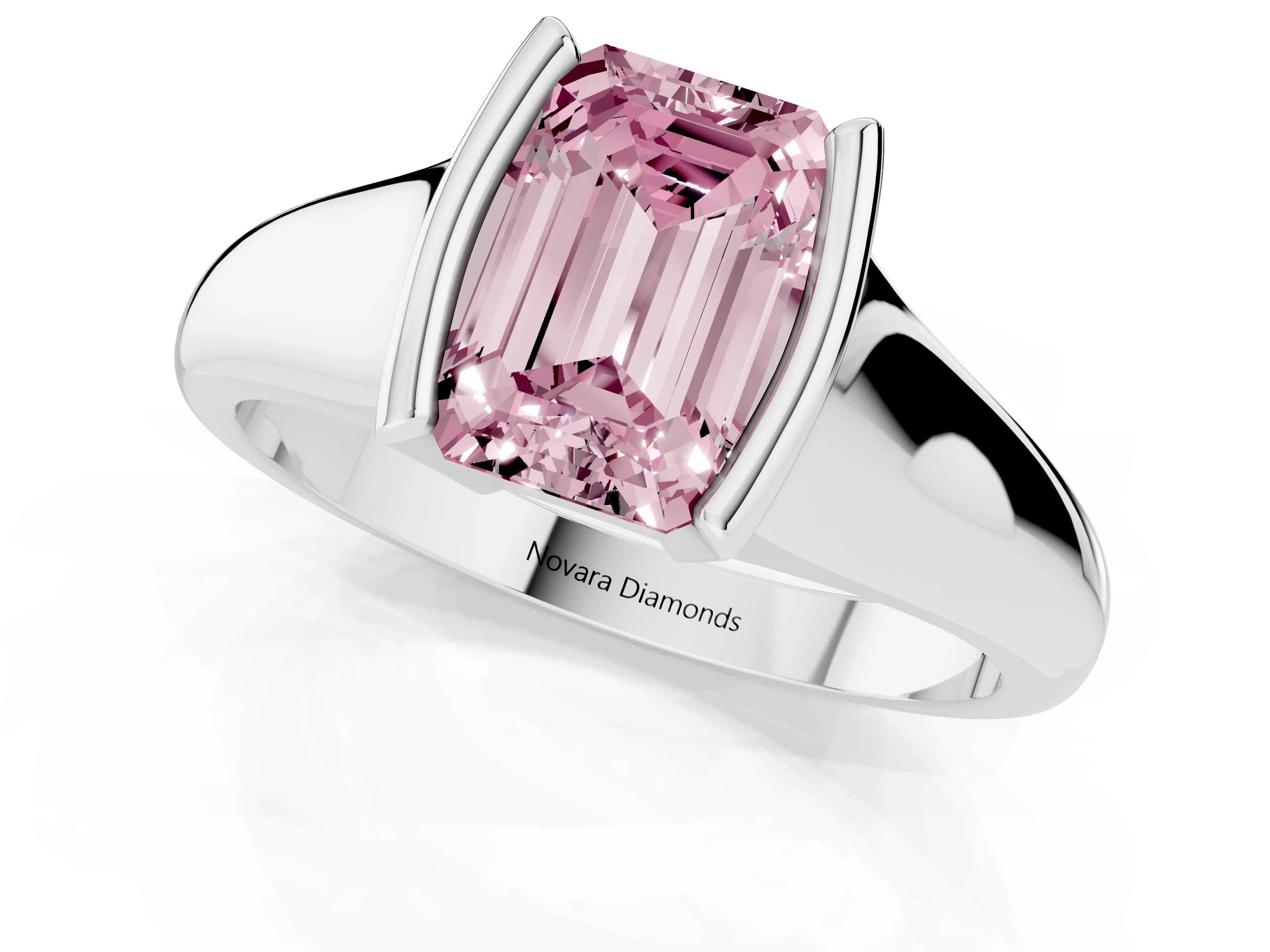 Fancy Pink Emerald Cut Diamond Solitaire Tension Set Ring Set in White gold with Split Shank Band