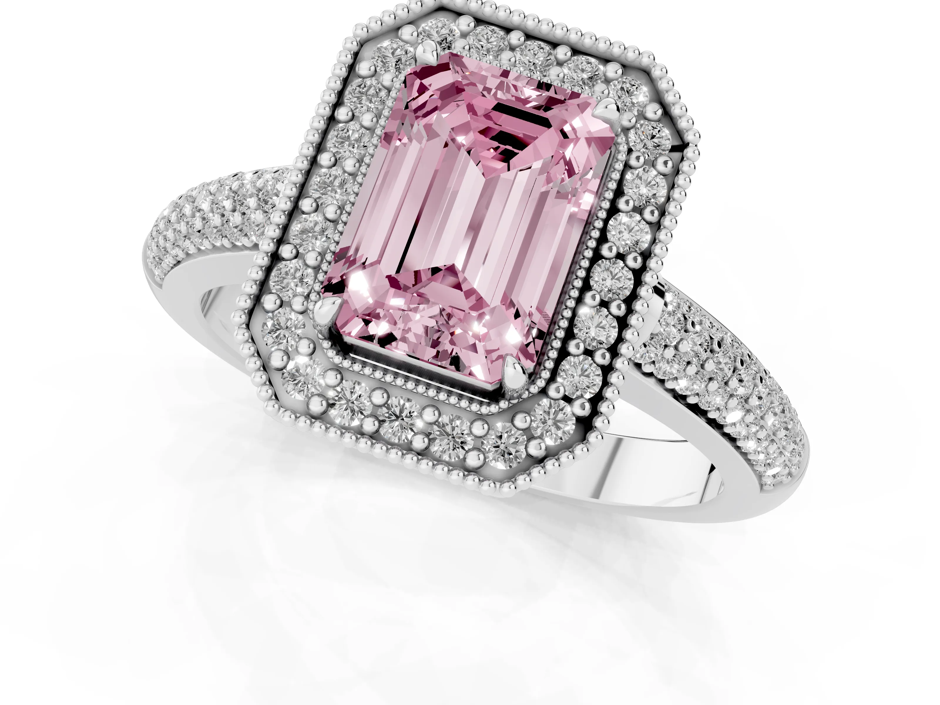 Fancy Pink Emerald Cut Diamond Halo Pavé Band Set in Silver with Prong Setting