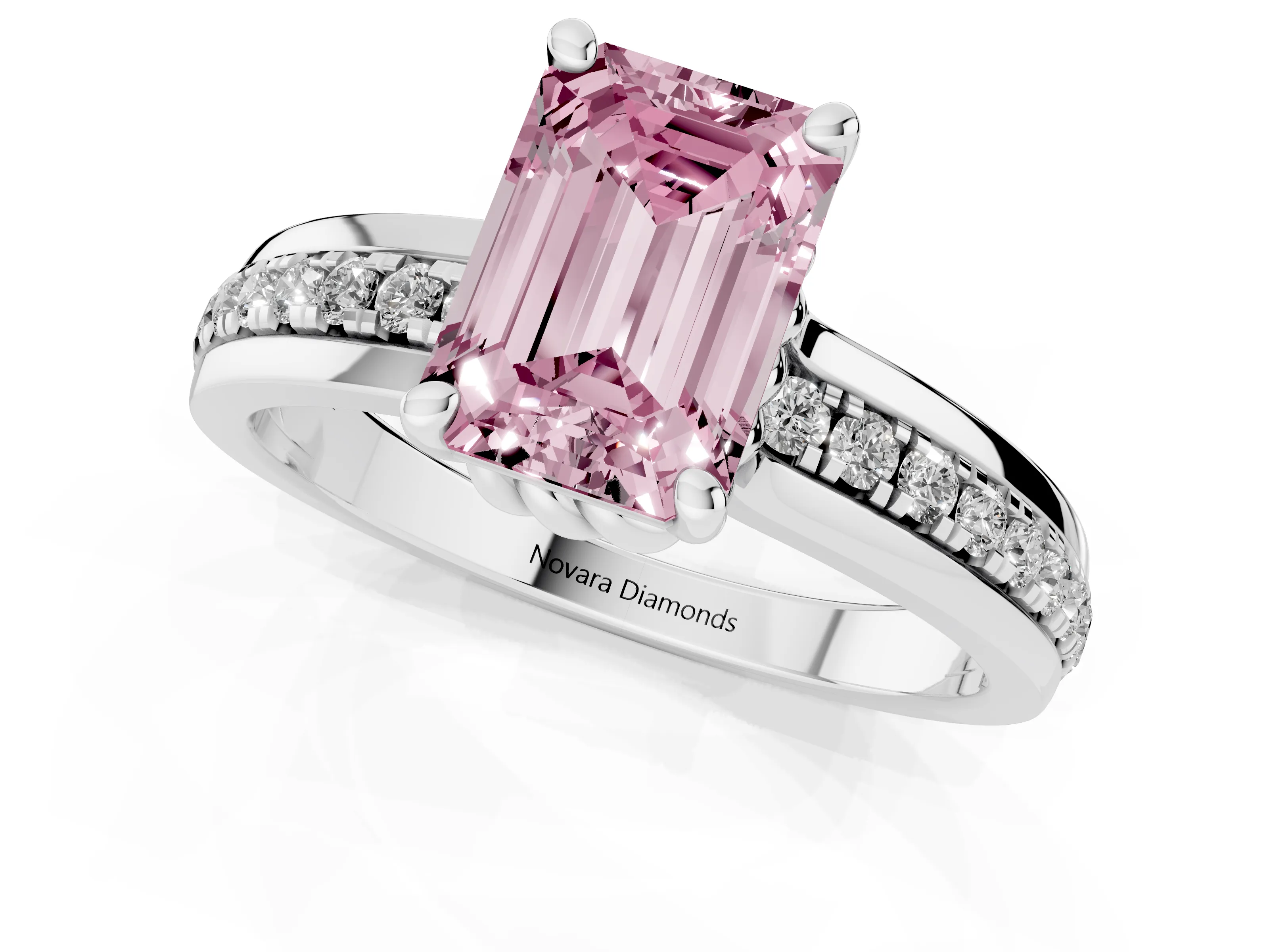 Fancy Pink Emerald Cut Diamond Solitaire Ring Set in Silver with Channel Set Band and Prong Setting