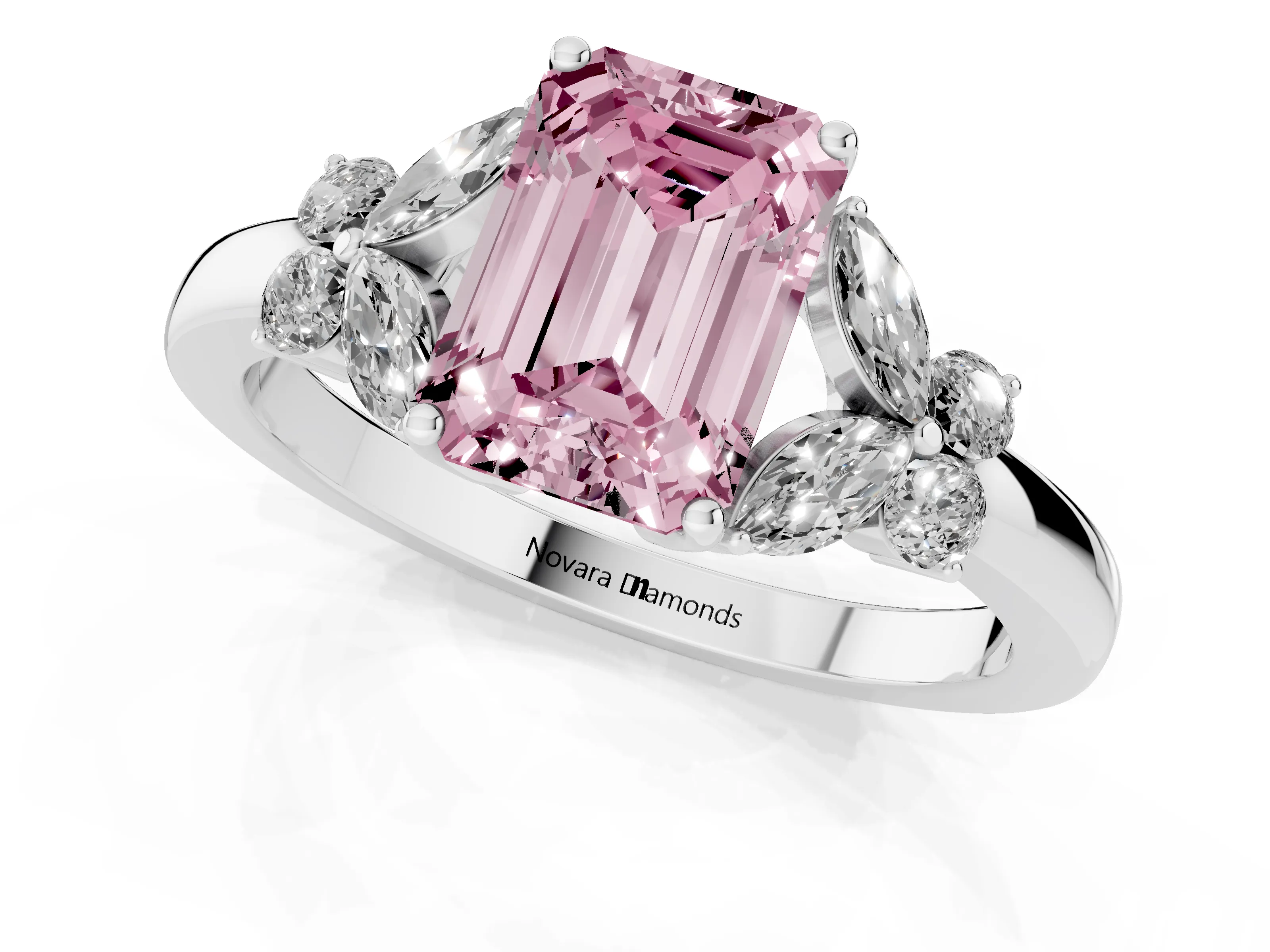 Fancy Pink Emerald Cut Diamond Solitaire Floral Ring Set in Silver with Marquise Petals and Prong Setting