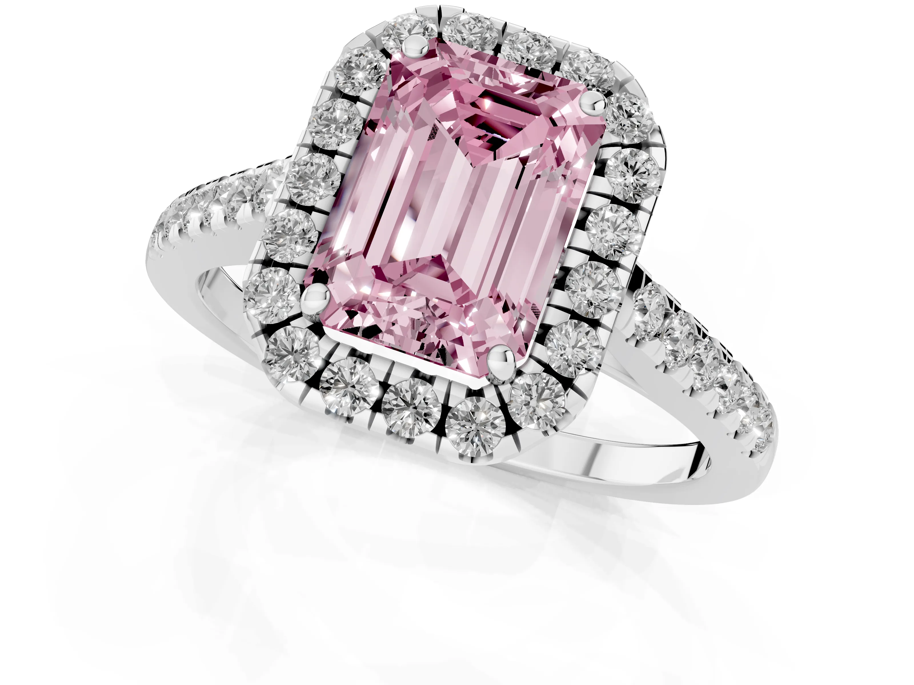 Fancy Pink Emerald Cut Diamond Halo Pavé Engagement Ring Set in Silver with Prong Setting