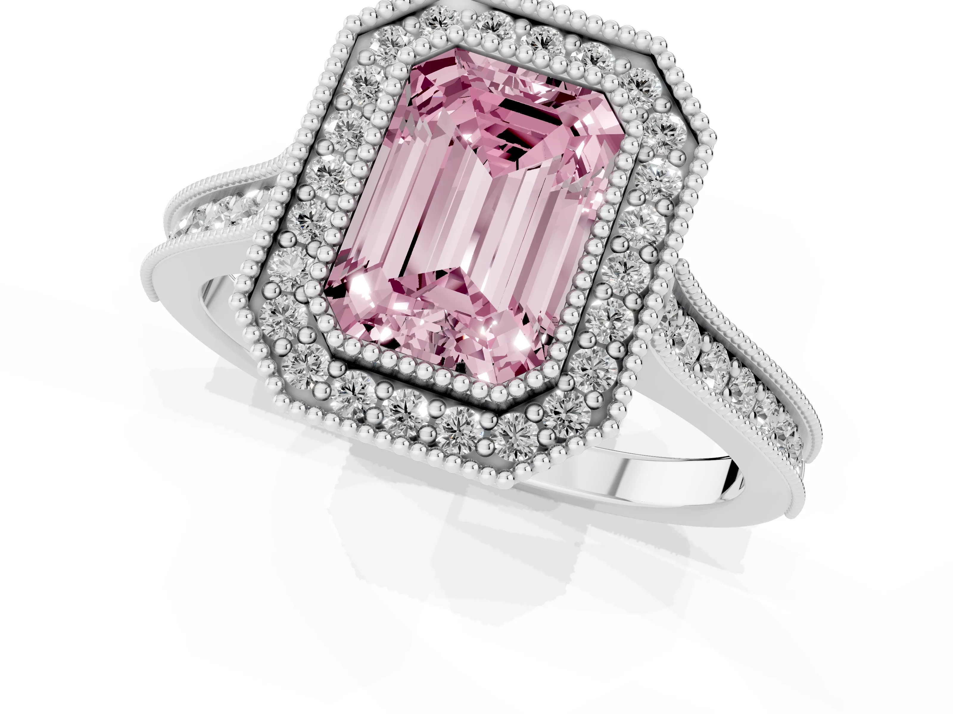 Fancy Pink Emerald Cut Diamond Halo Milgrain Pavé Band Ring Set in Platinum with Prong Setting