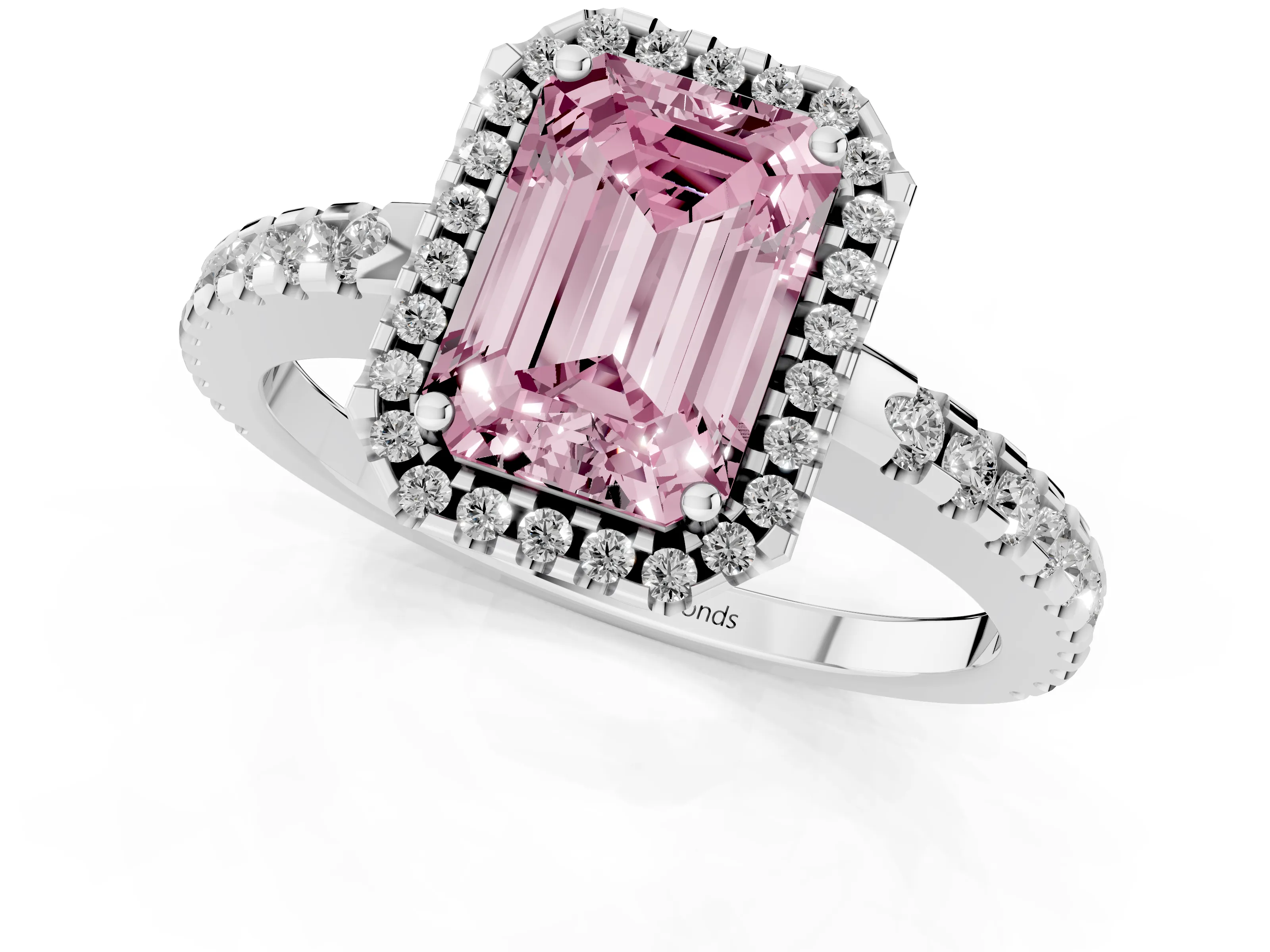 Fancy Pink Emerald Cut Diamond Halo Ring Set in White gold with Pavé Shoulders and Halo-Framed Center