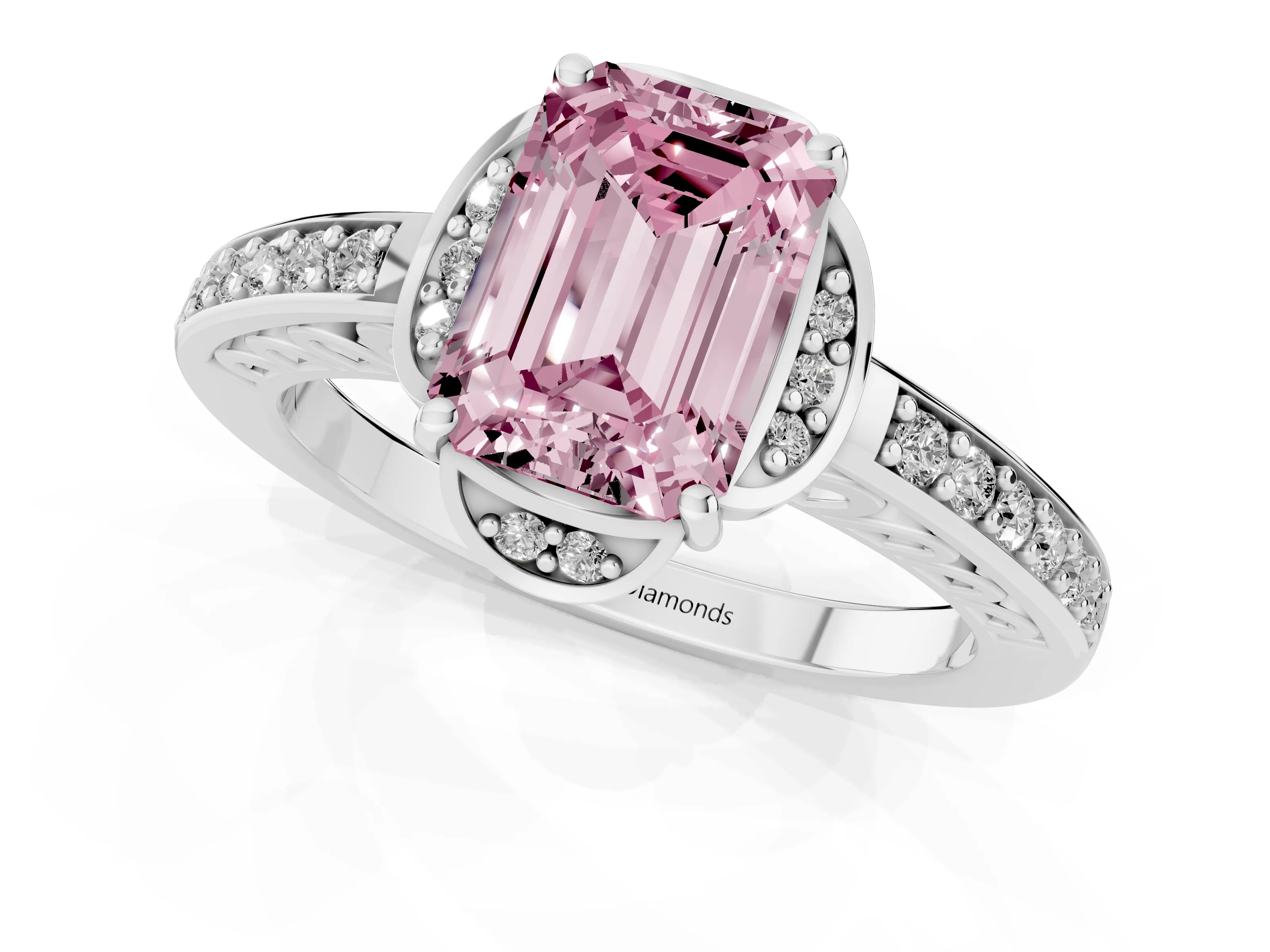Fancy Pink Emerald Cut Diamond Halo Ring Set in Silver with Channel Set Band and Prong Setting