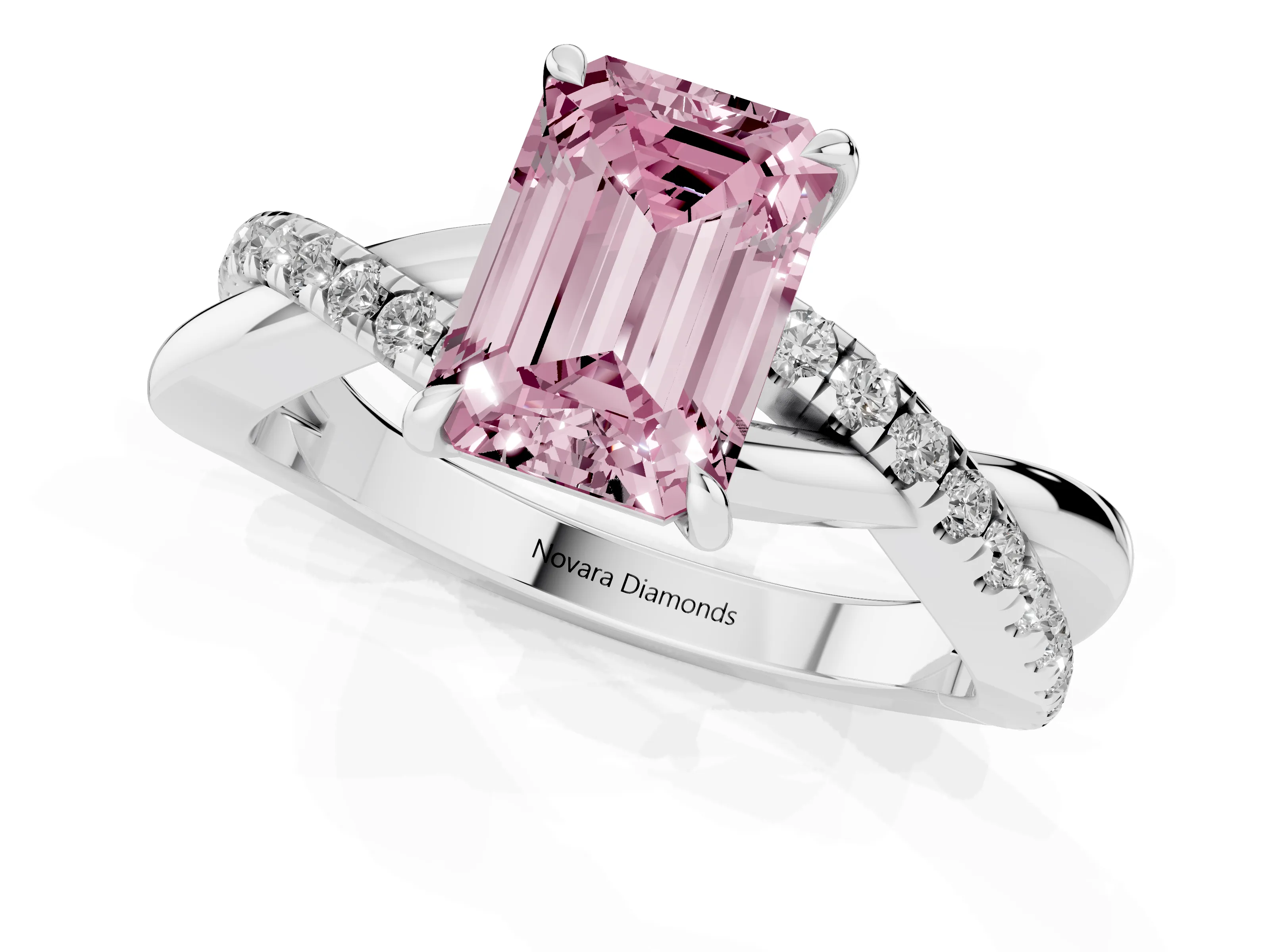 Fancy Pink Emerald Cut Diamond Twisted Pavé Band Ring Set in White gold with Prong Setting