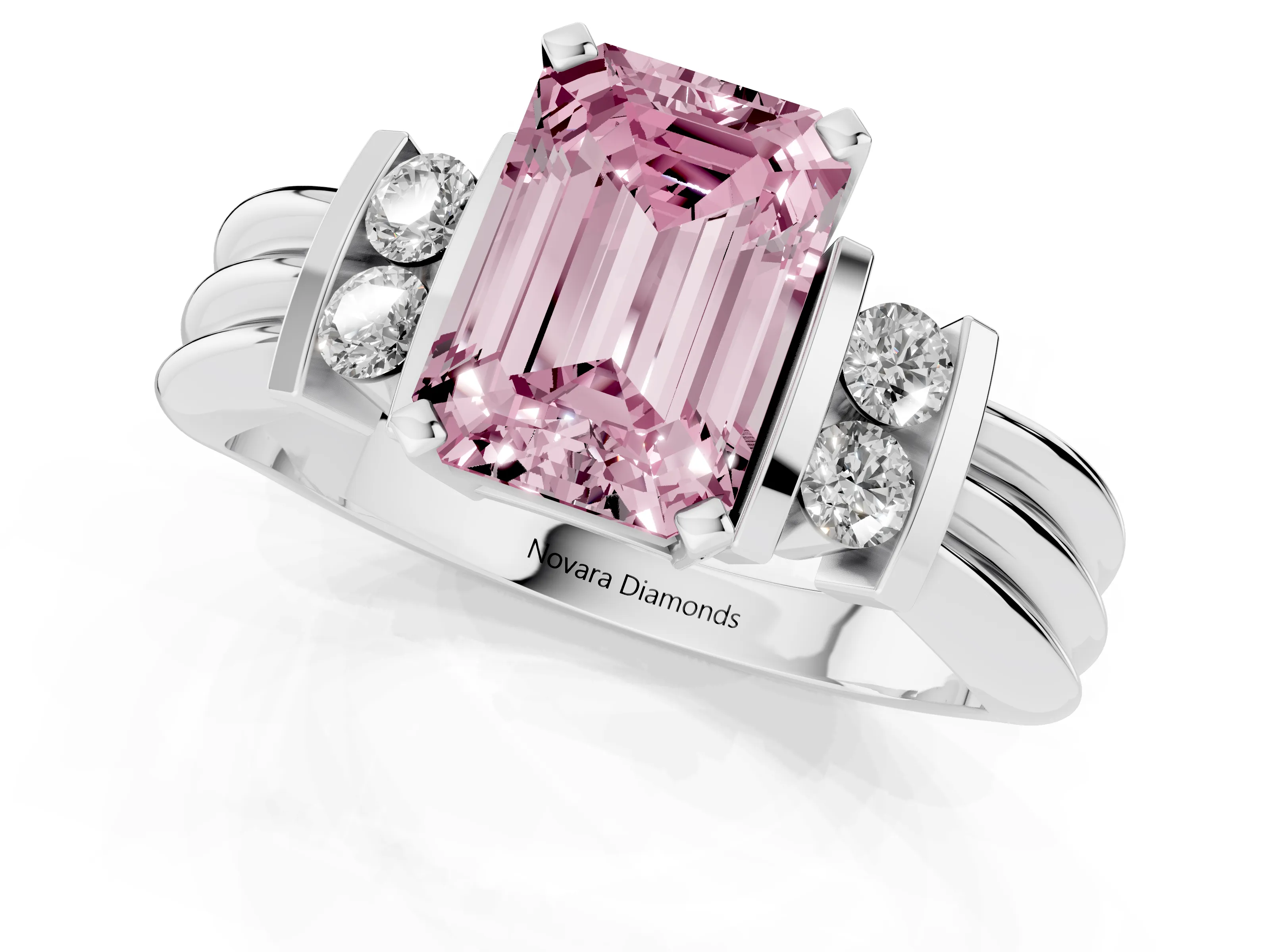 Fancy Pink Three-Stone Emerald Cut Diamond Channel Set Ring Set in White gold with Bar Prongs