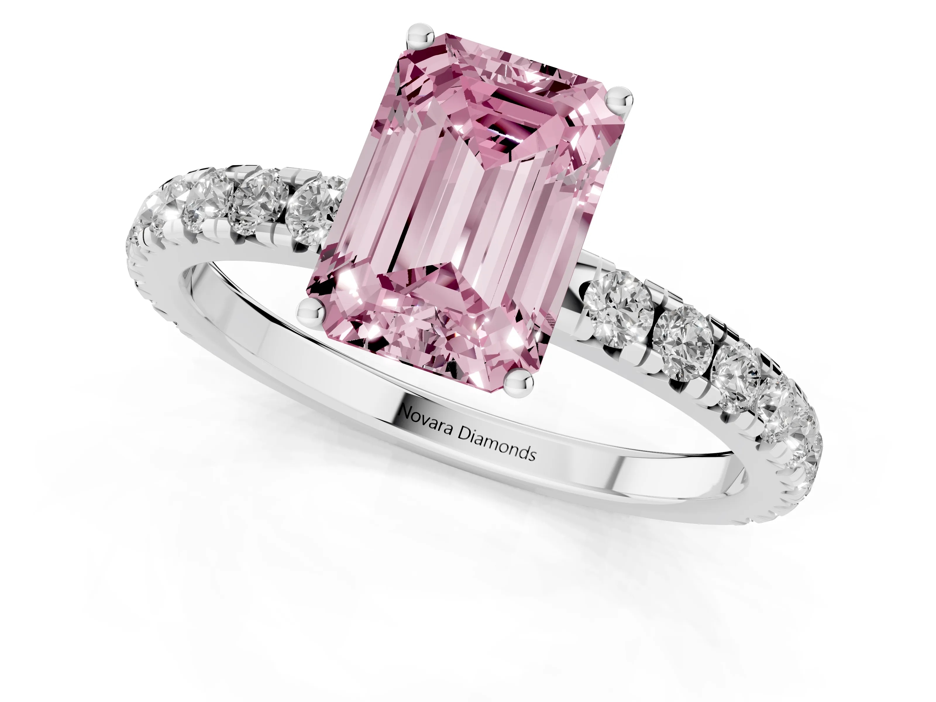 Fancy Pink Emerald Cut Diamond Pavé Solitaire Engagement Ring Set in Platinum with Prong Setting