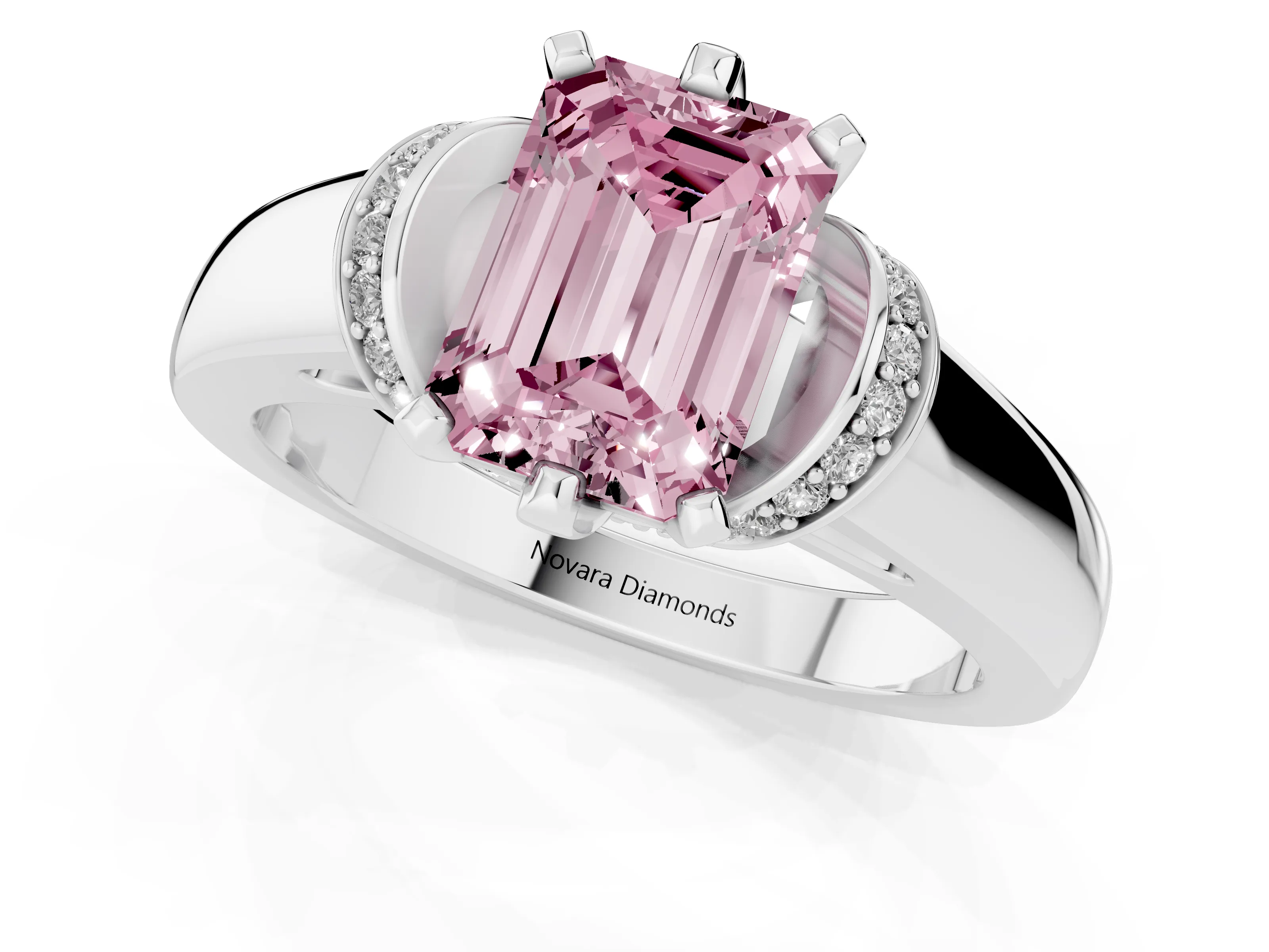 Fancy Pink Emerald Cut Diamond Pavé Band Solitaire Ring Set in White gold with Prong Setting