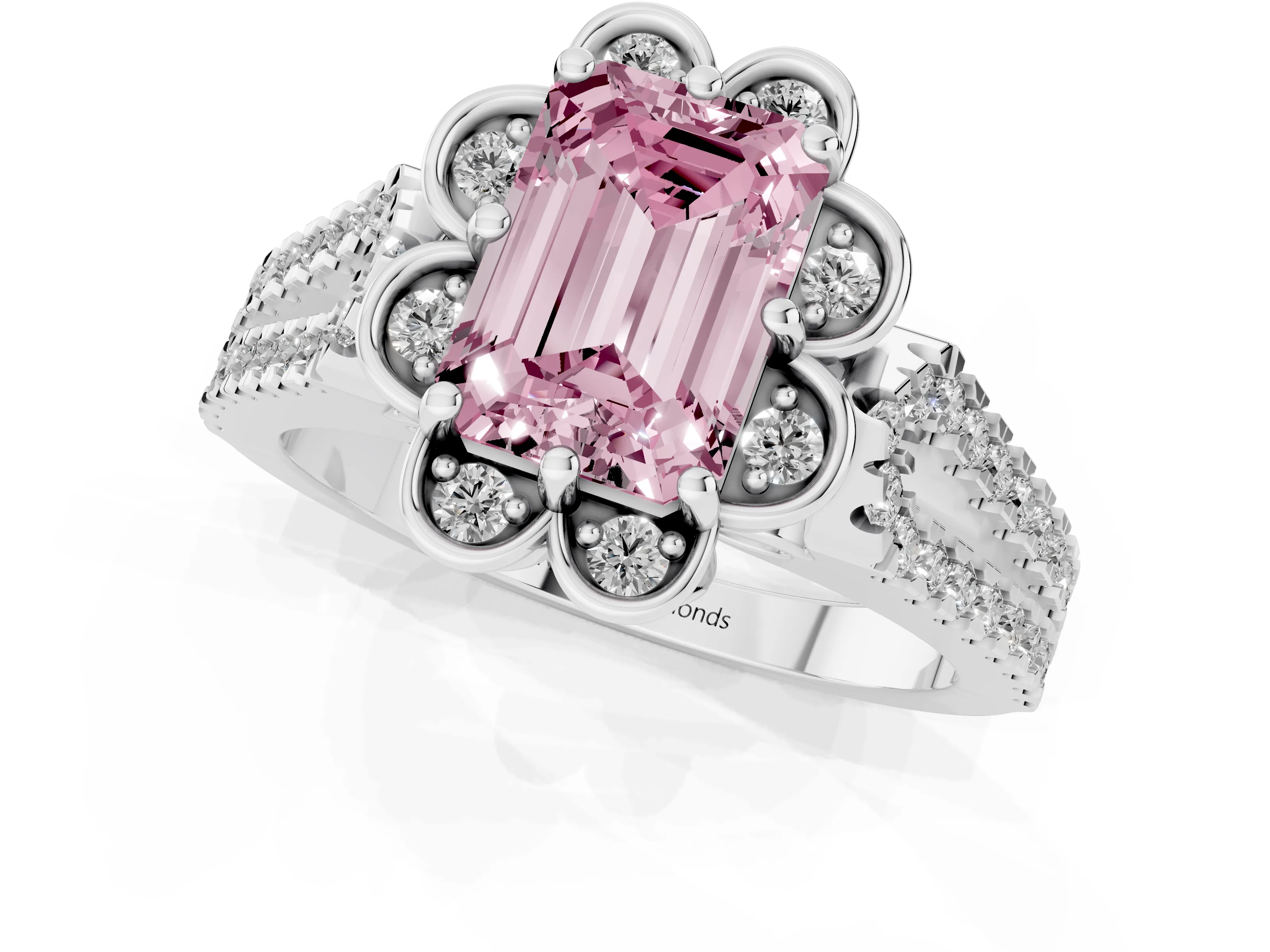 Fancy Pink Emerald Cut Diamond Floral Halo Split Shank Engagement Ring Set in White gold with Pavé Shank