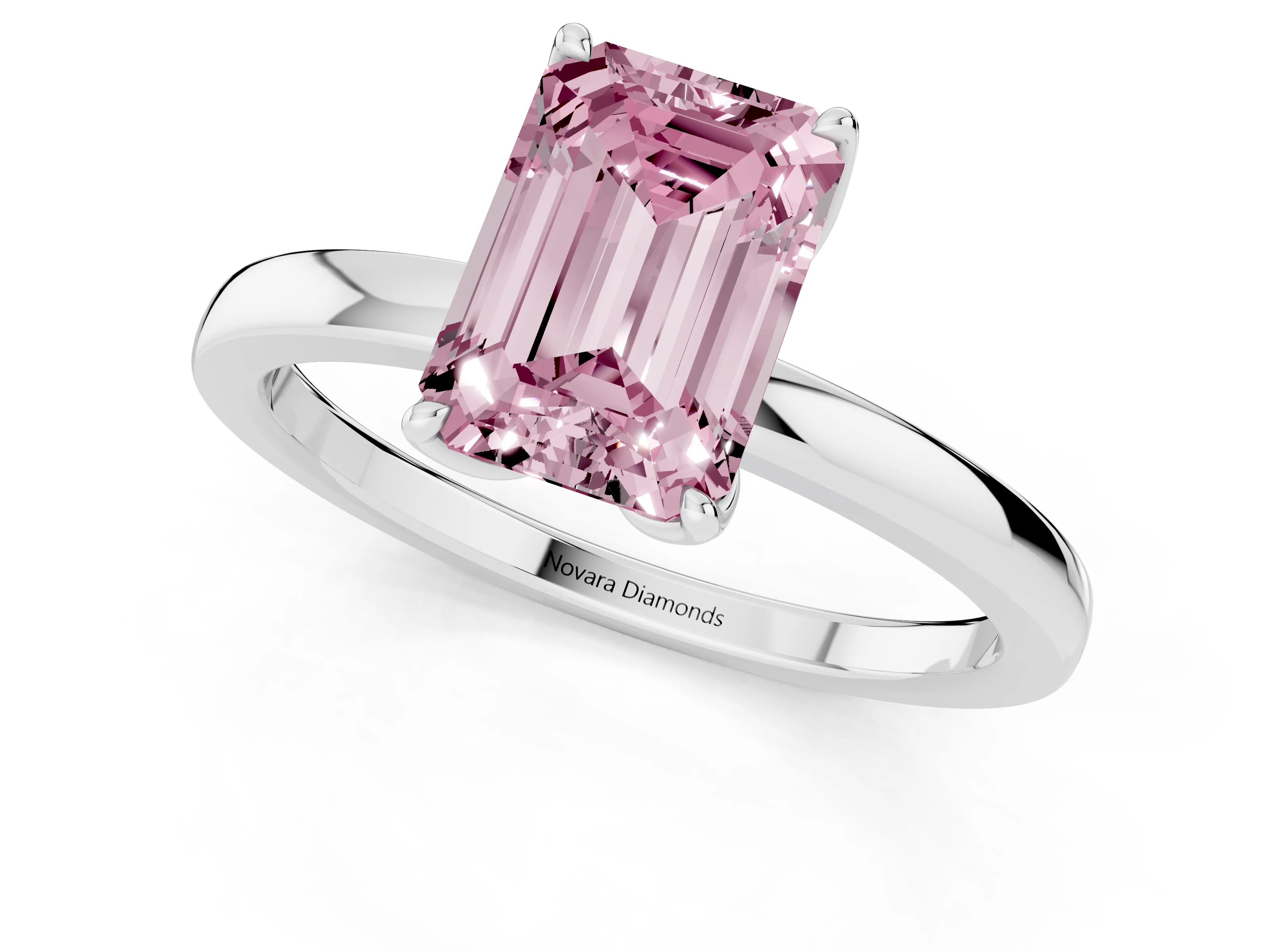 Fancy Pink Emerald Cut Diamond Solitaire Ring Set in White gold with Prong Setting and Thin Polished Band
