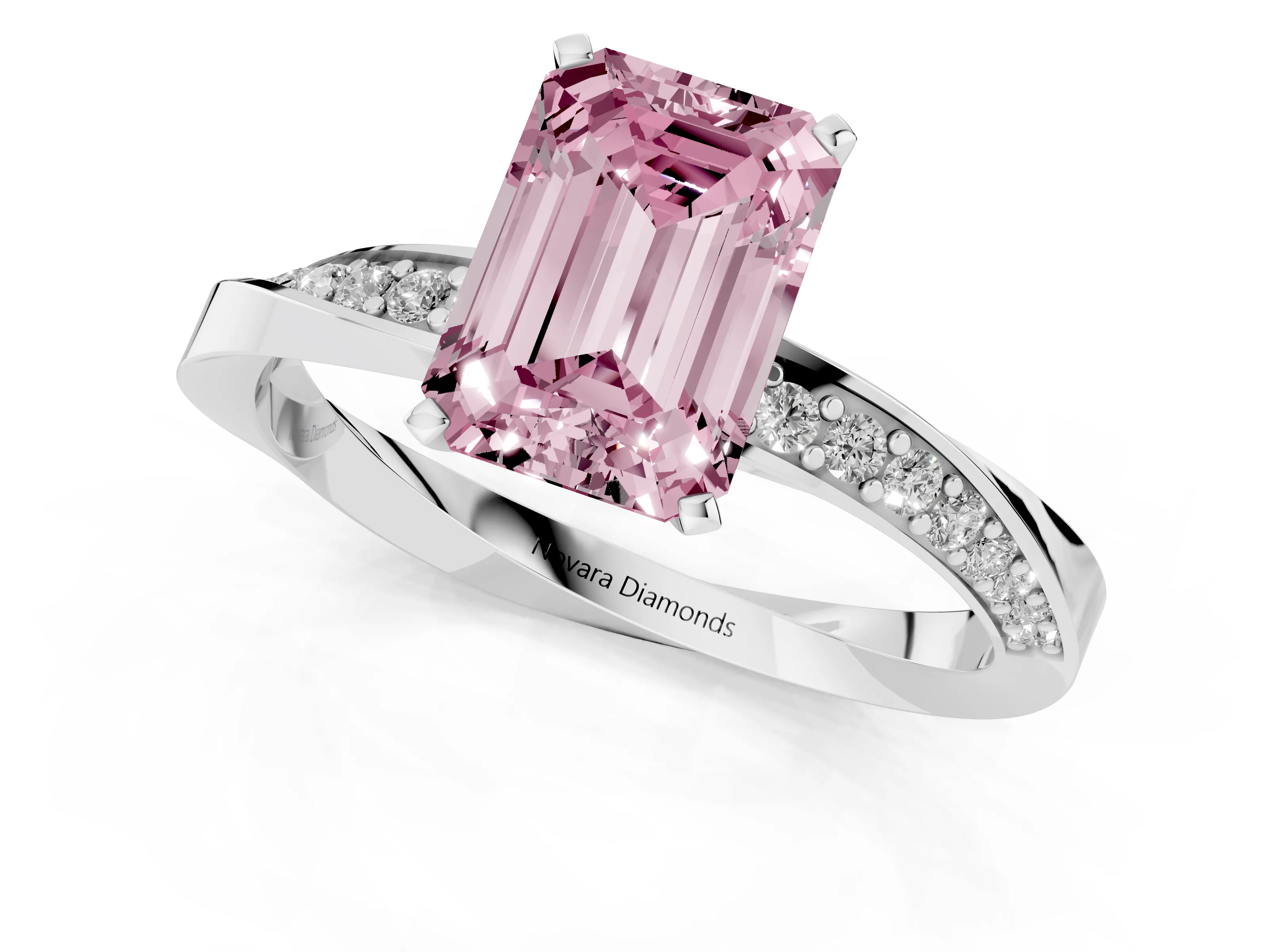 Fancy Pink Emerald Cut Diamond Engagement Ring Set in Platinum with Side Stone Accents and Prong Setting