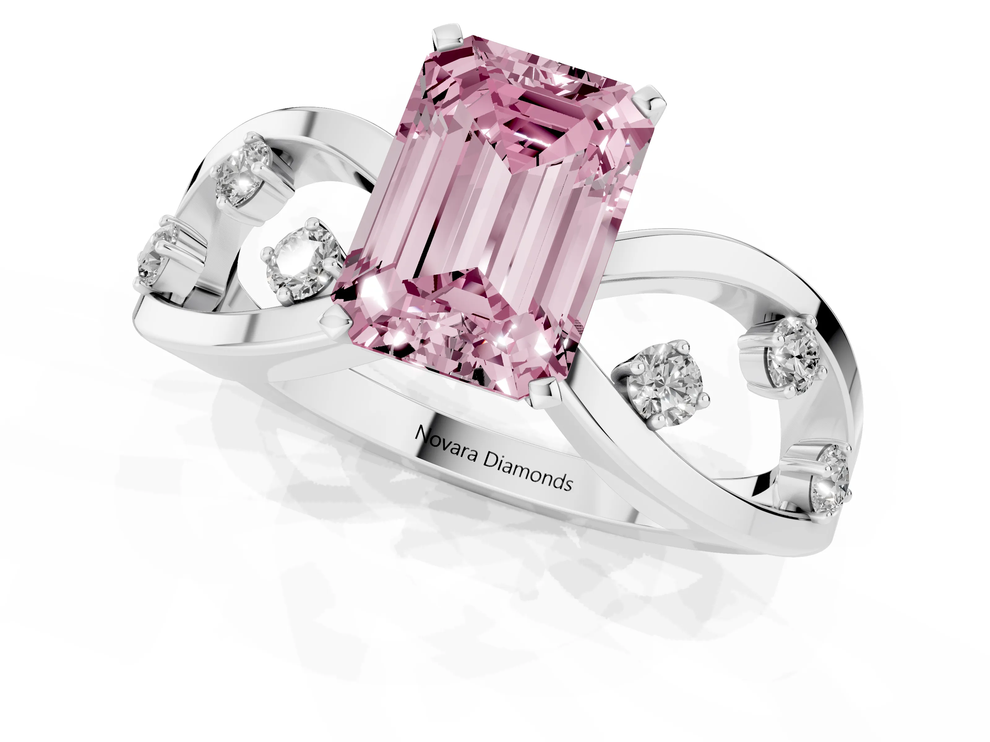Fancy Pink Emerald Cut Diamond Solitaire Ring Set in Platinum with Side Stones on Criss-Cross Band and Prong Setting