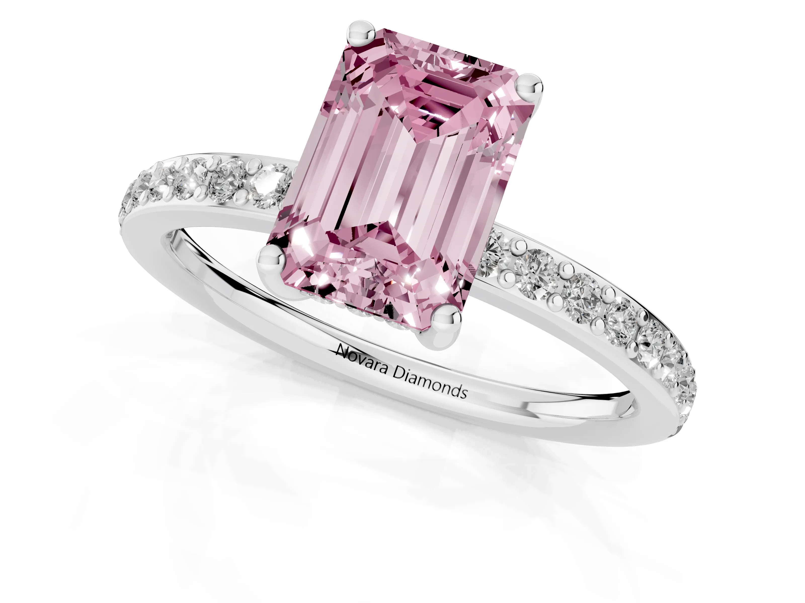 Fancy Pink Emerald Cut Diamond Pavé Band Ring Set in Platinum with Prong-Set Center Stone