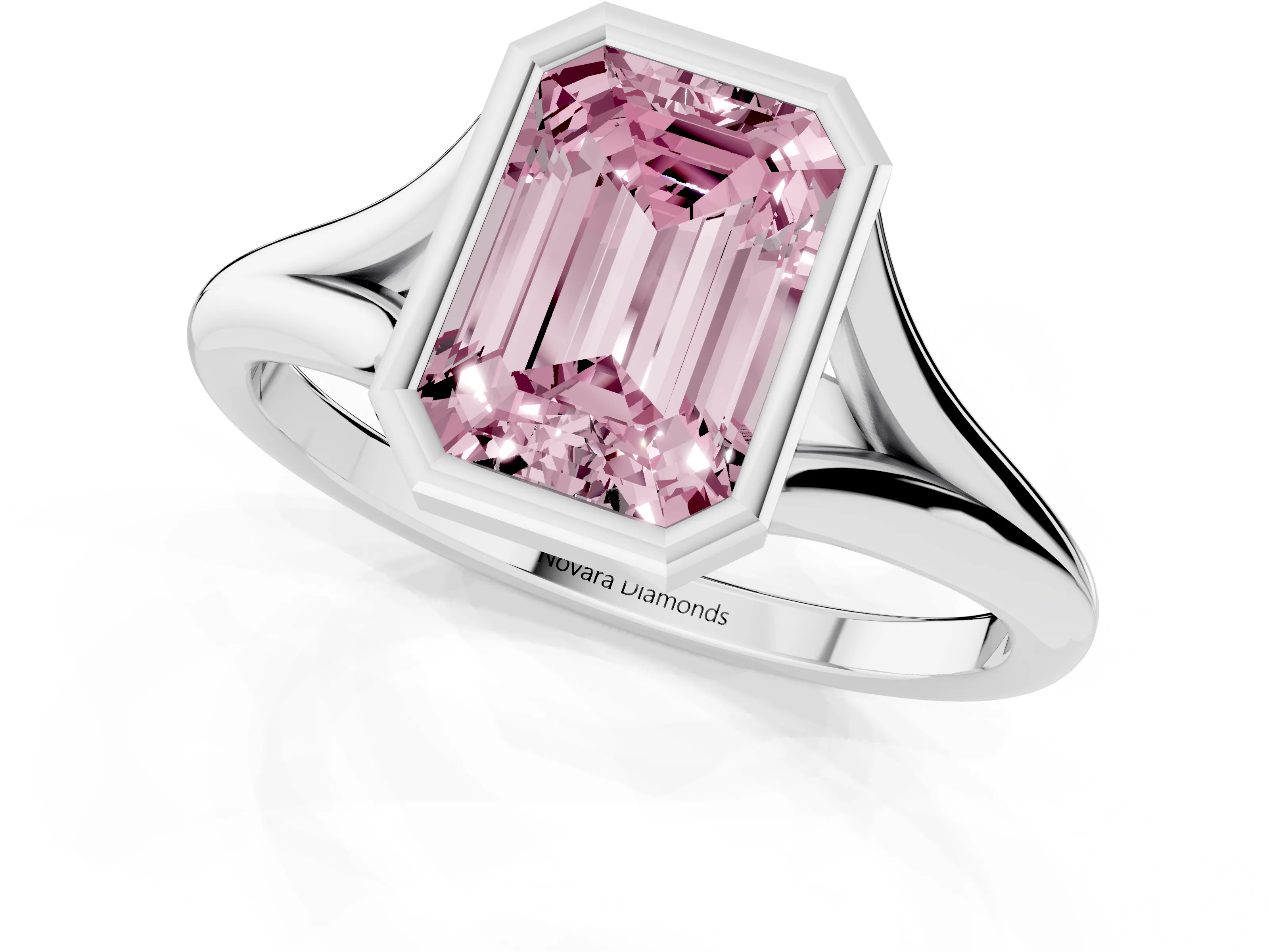 Fancy Pink Bezel Set Emerald Cut Diamond Solitaire Ring Set in Platinum with Tapered Band