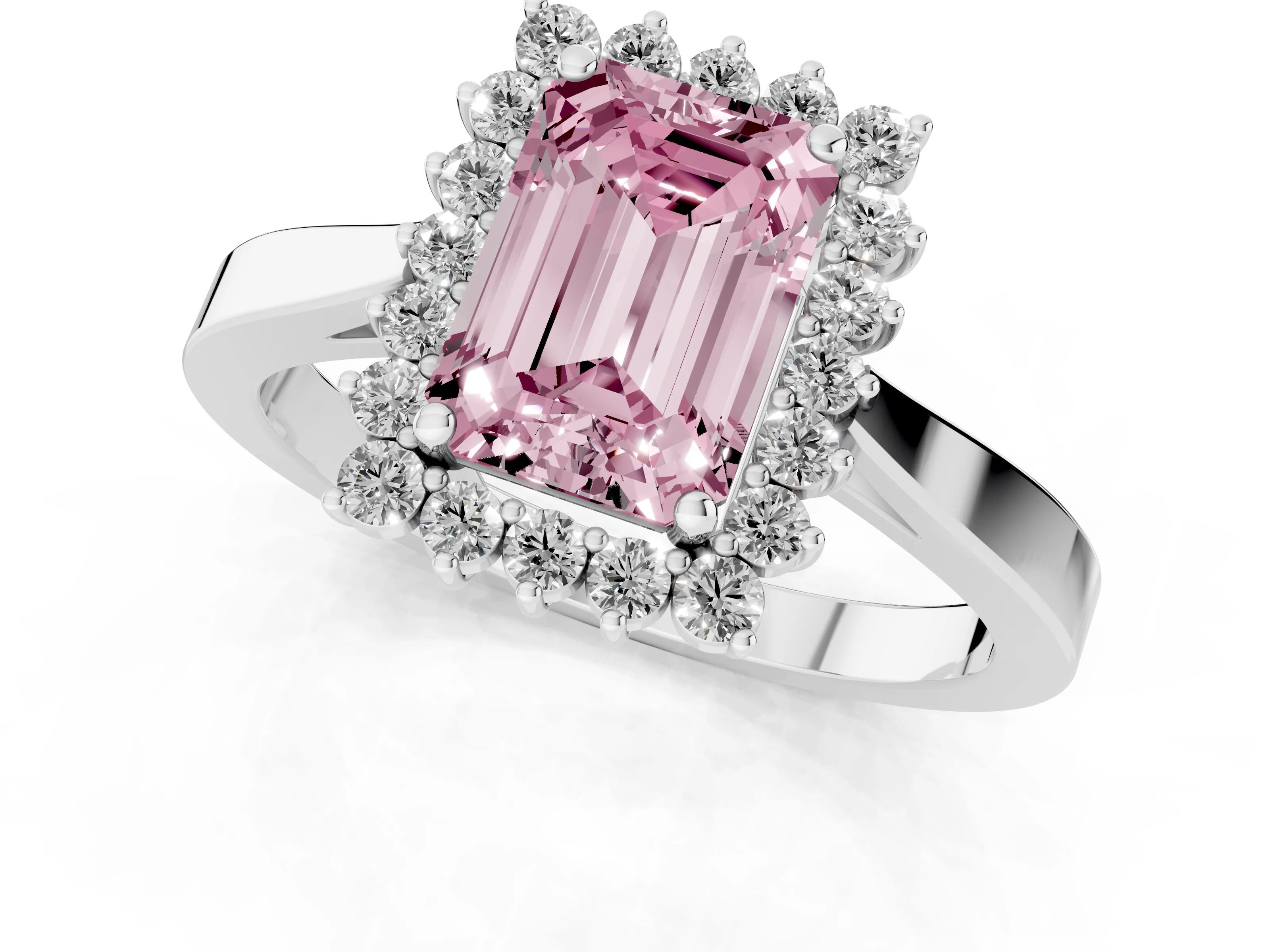 Fancy Pink Emerald Cut Diamond Halo Ring Set in Platinum with Round Halo and Smooth Solitaire Band