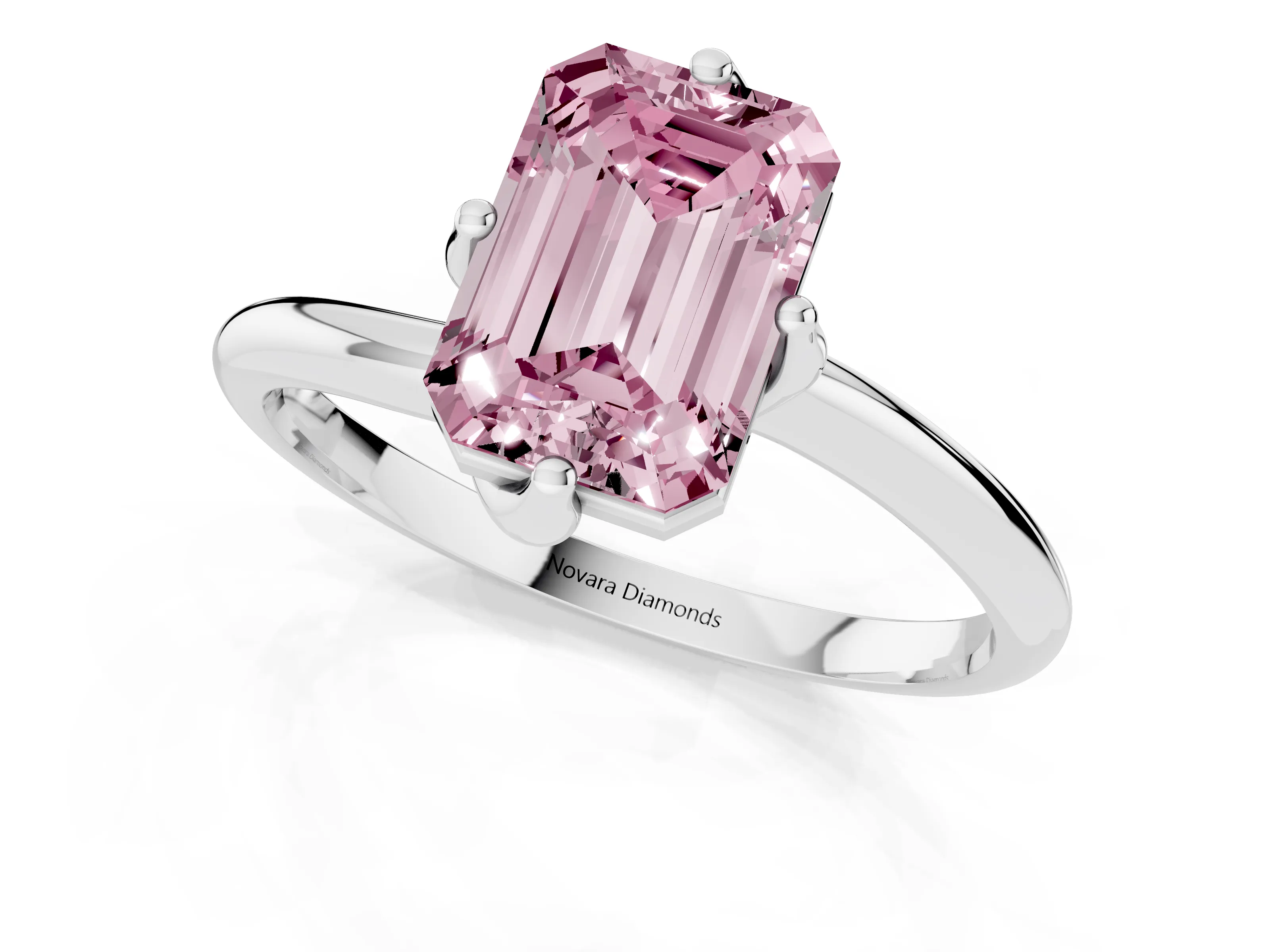 Fancy Pink Emerald Cut Diamond Solitaire Engagement Ring Set in Silver with Classic Plain Band