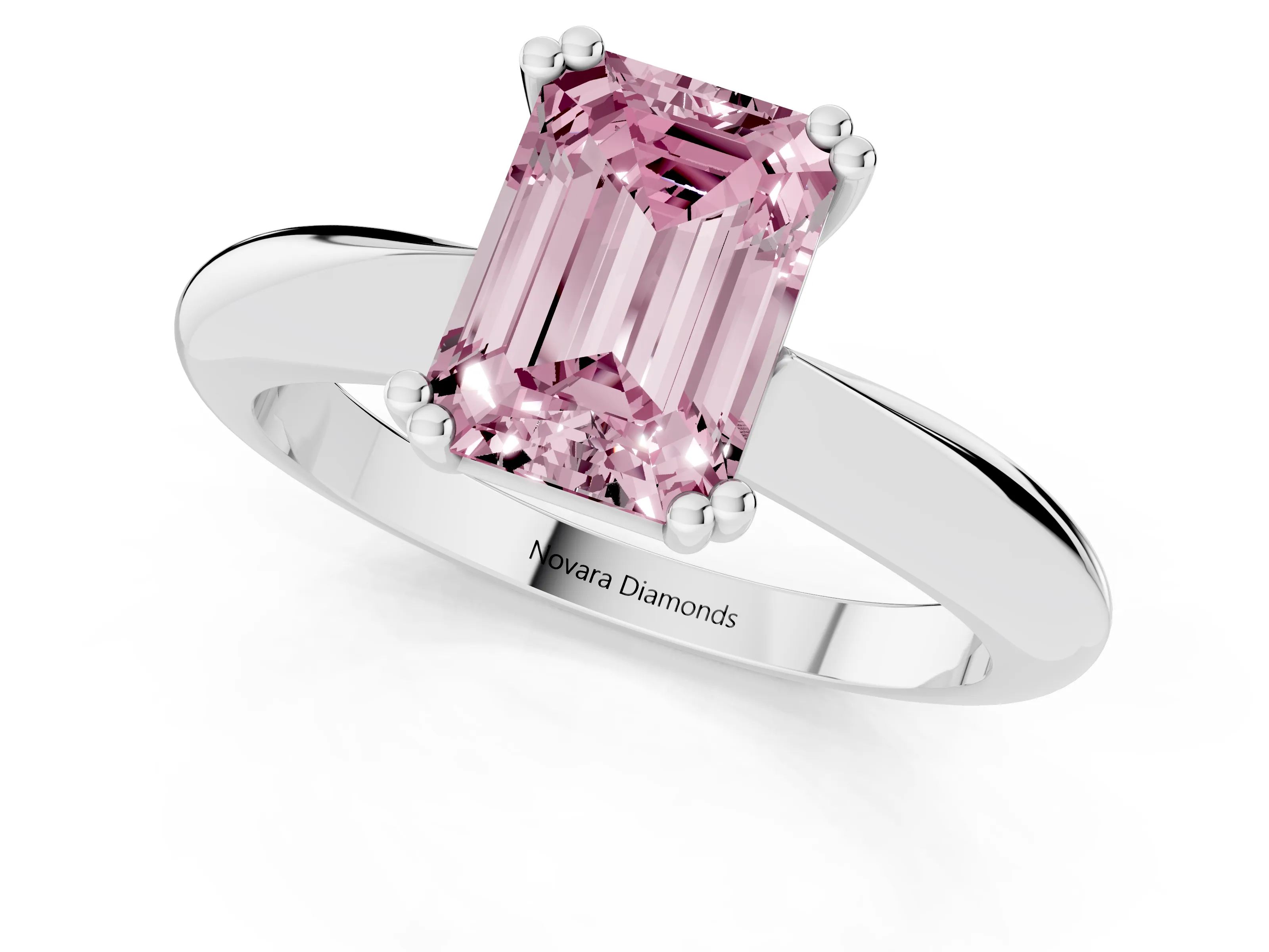 Fancy Pink Emerald Cut Diamond Solitaire Engagement Ring Set in Silver with Tapered Band and Prong Setting