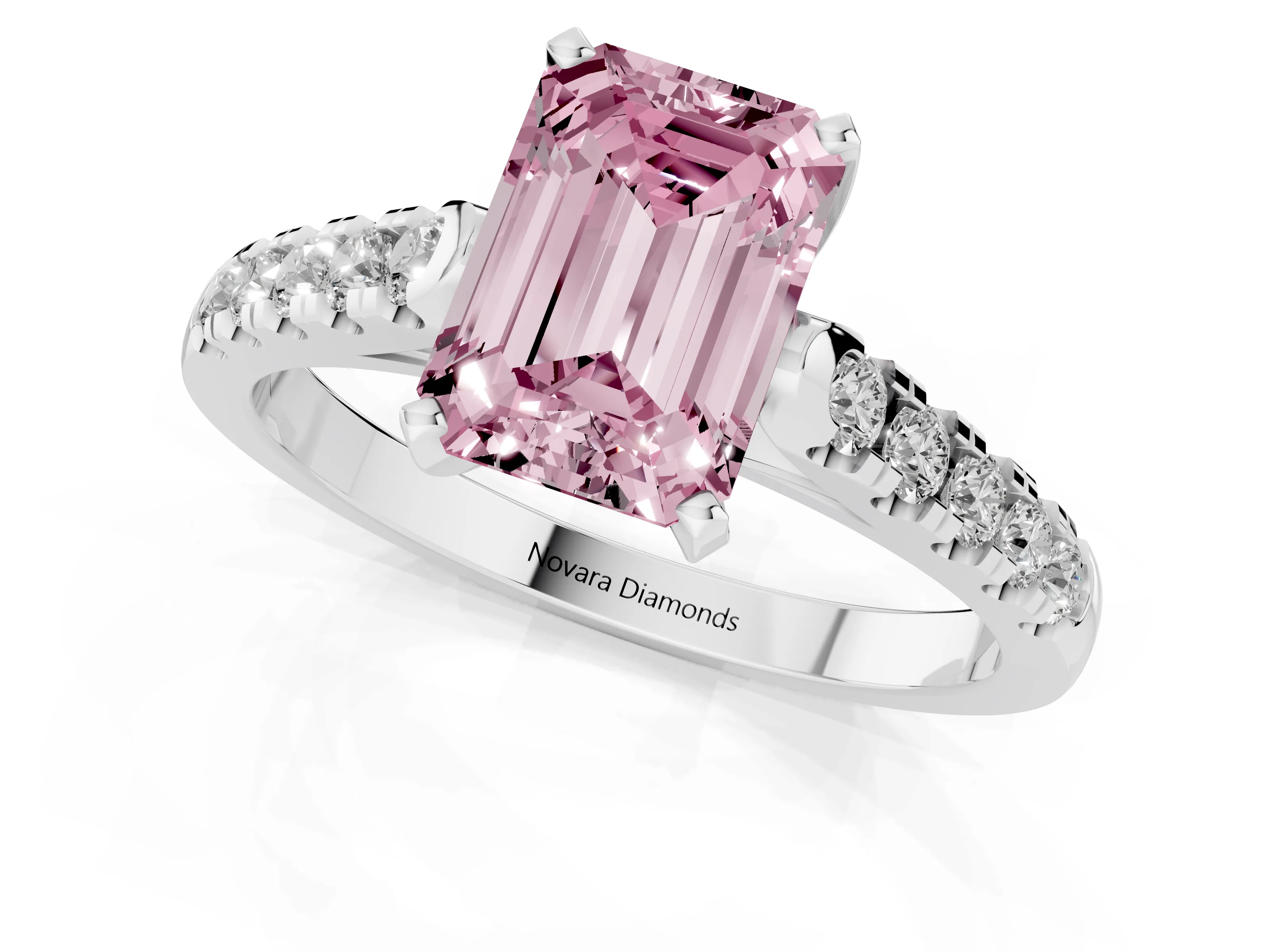 Fancy Pink Emerald Cut Diamond Pavé Band Solitaire Ring Set in White gold with Partway Accent Stones and Prong Setting