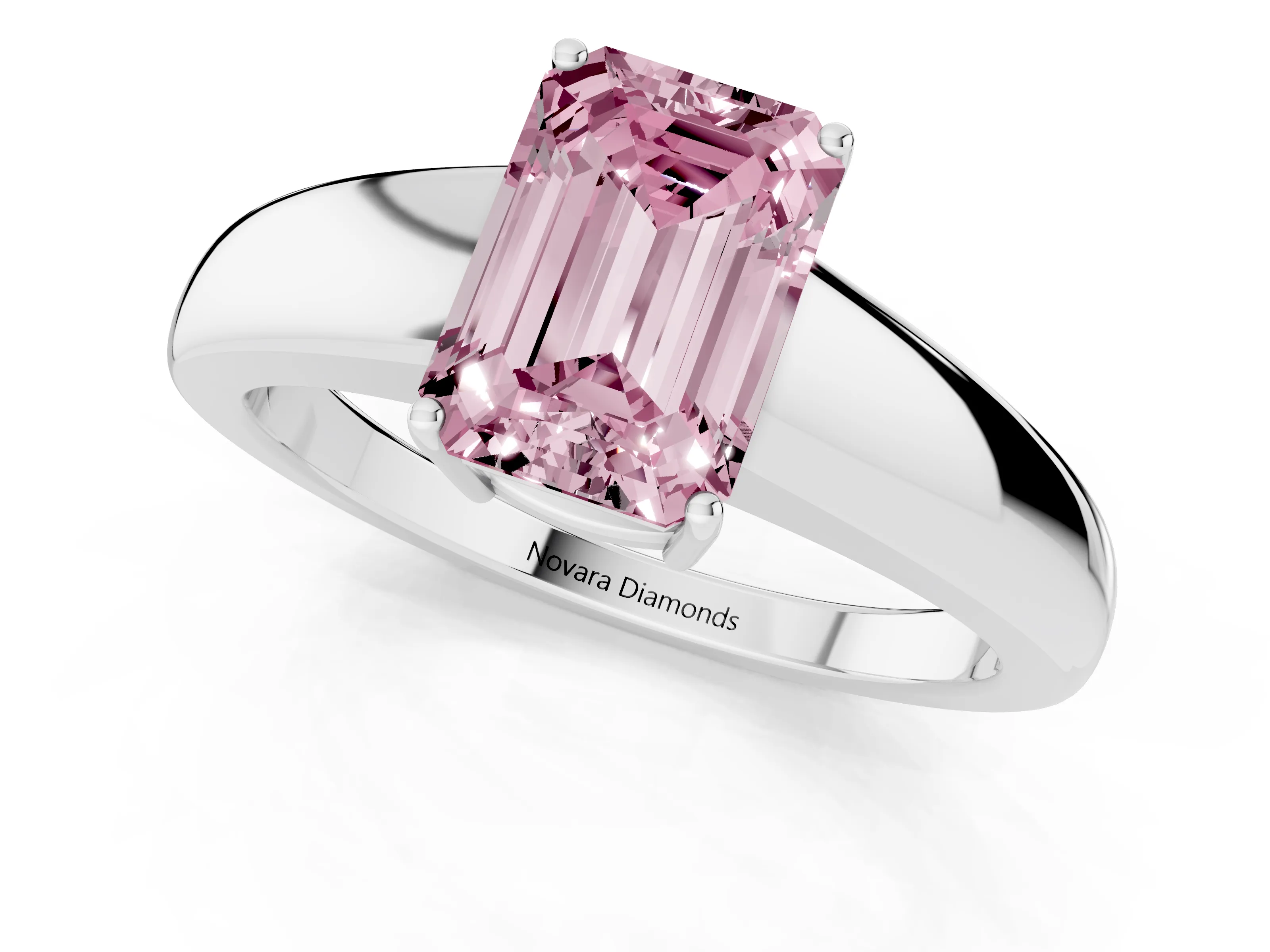 Fancy Pink Emerald Cut Diamond Solitaire Ring Set in White gold with Tapered Band and Prong Setting