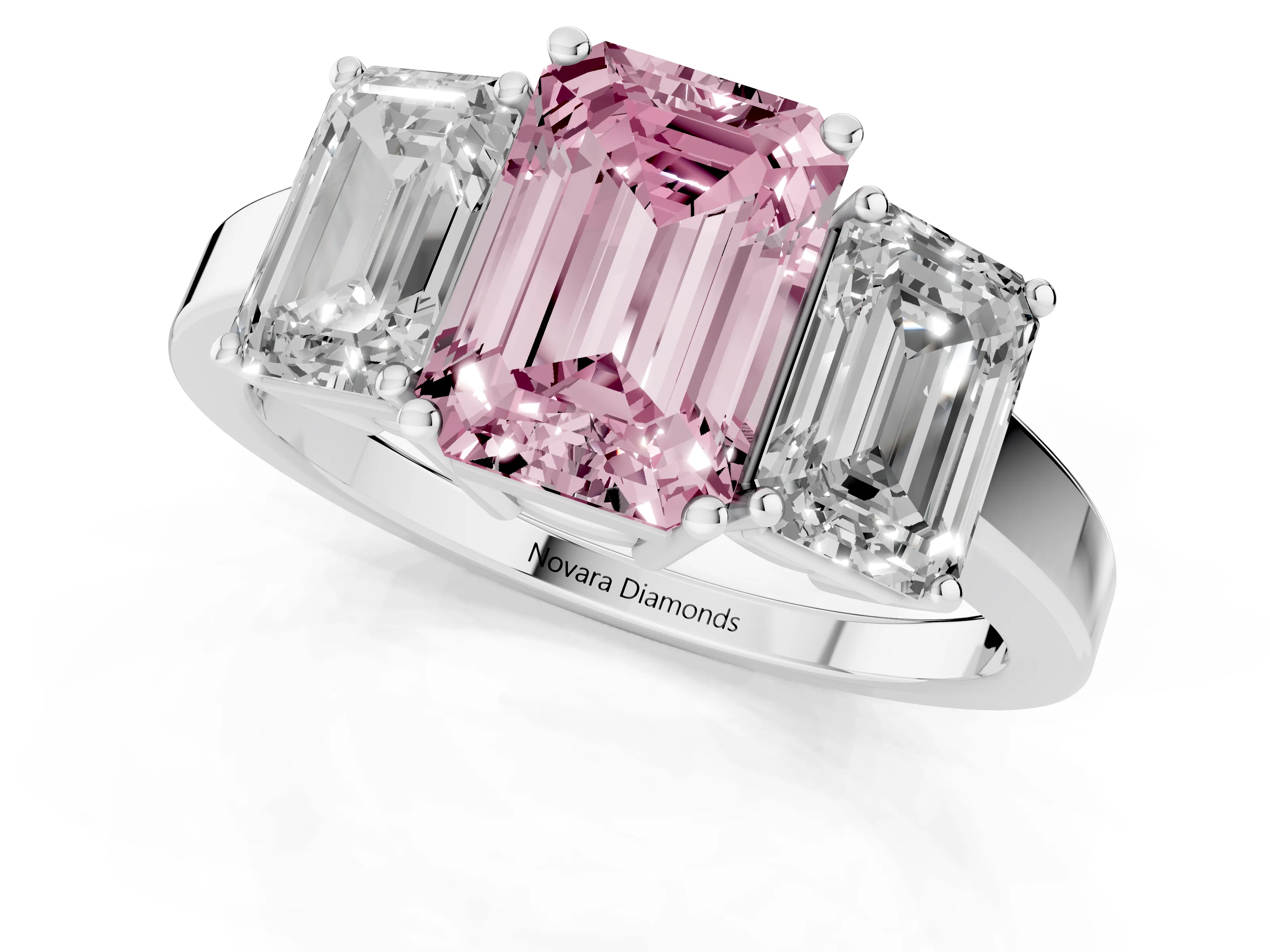 Fancy Pink Emerald Cut Diamond Three-Stone Engagement Ring Set in Silver with Flat Band