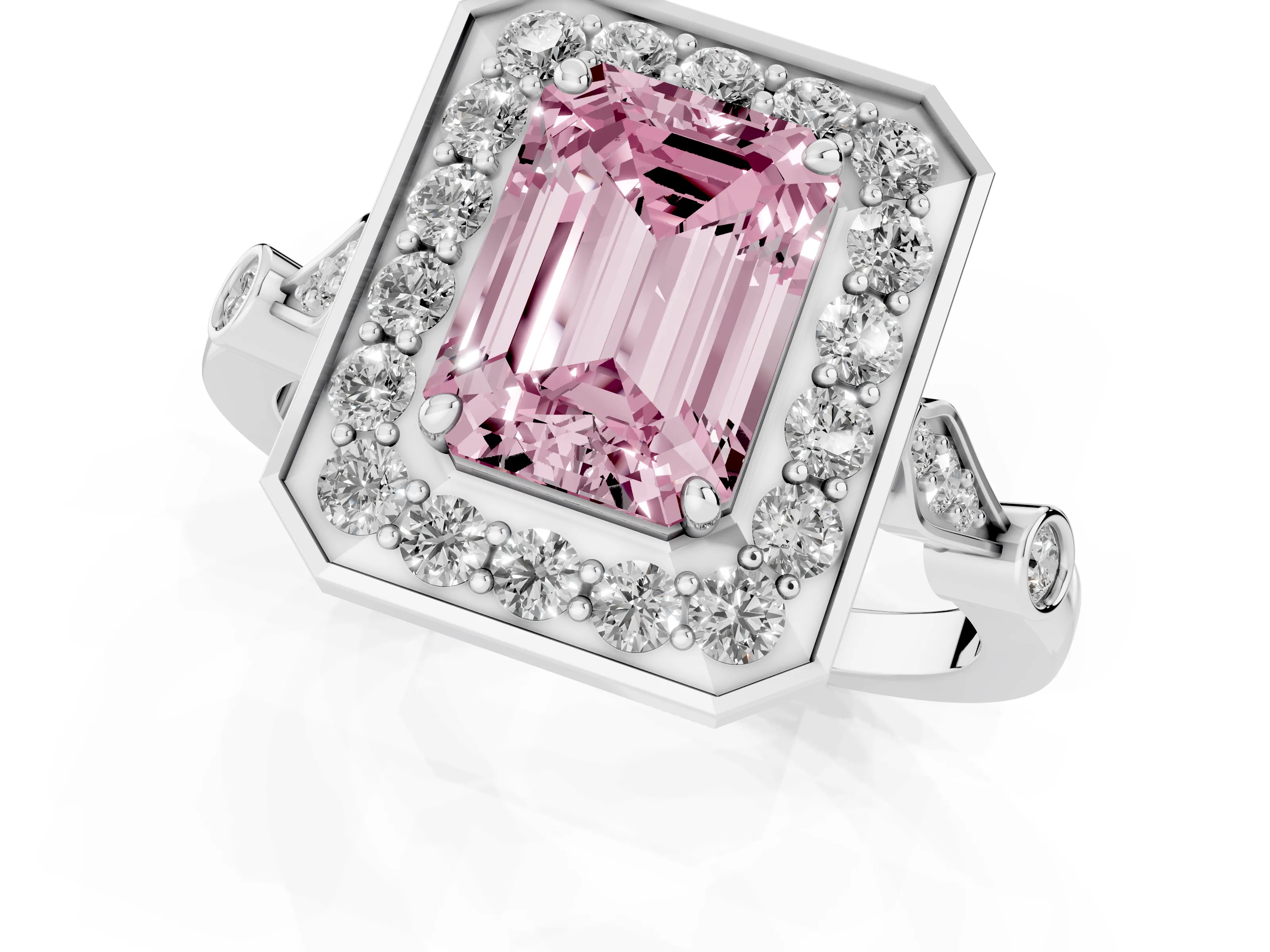 Fancy Pink Emerald Cut Diamond Halo Engagement Ring Set in Platinum with Twisted Band and Prong Setting
