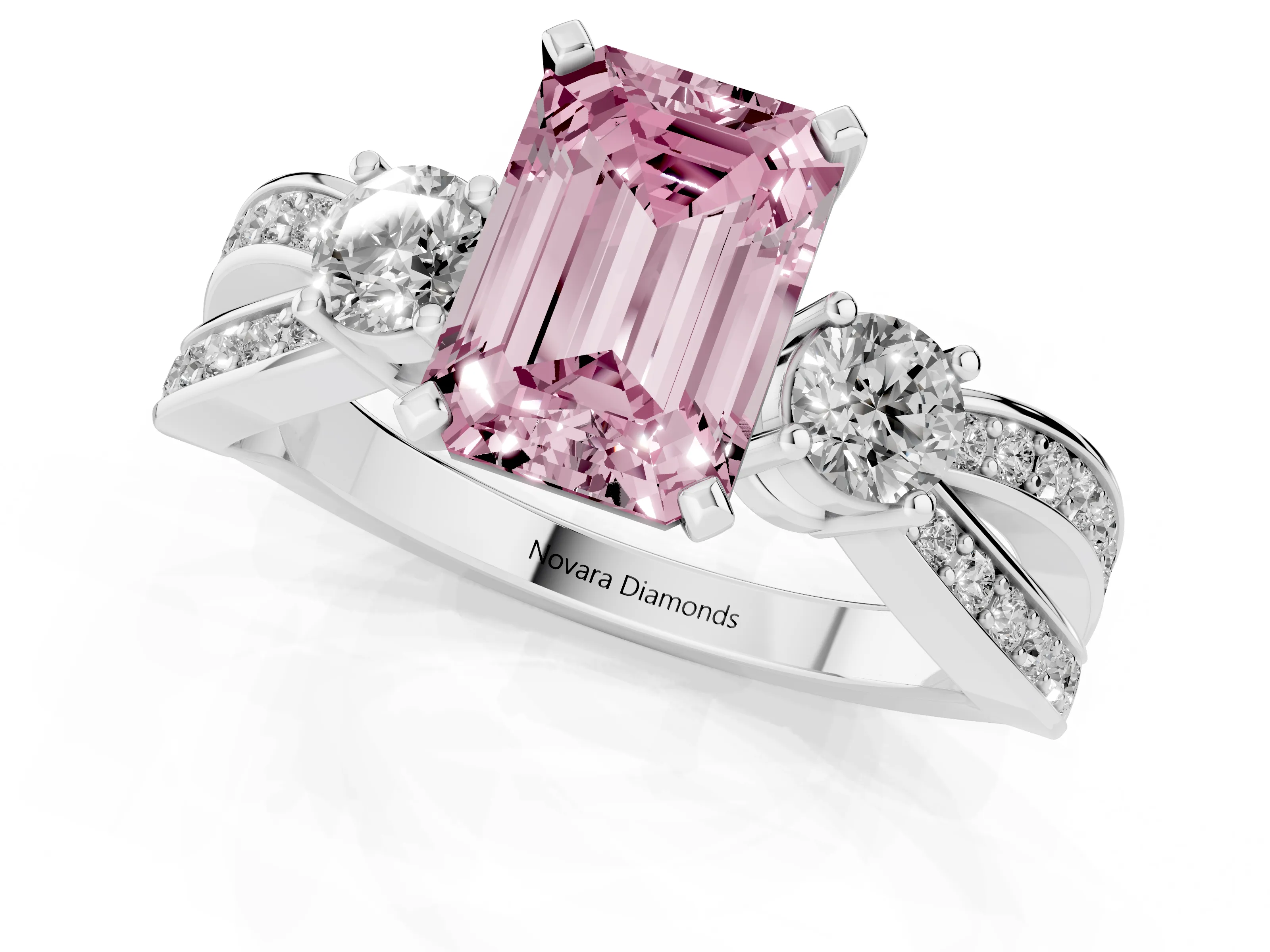 Fancy Pink Three-Stone Emerald Cut Diamond Twist Band Ring Set in Silver with Pavé Accents and Prong Setting