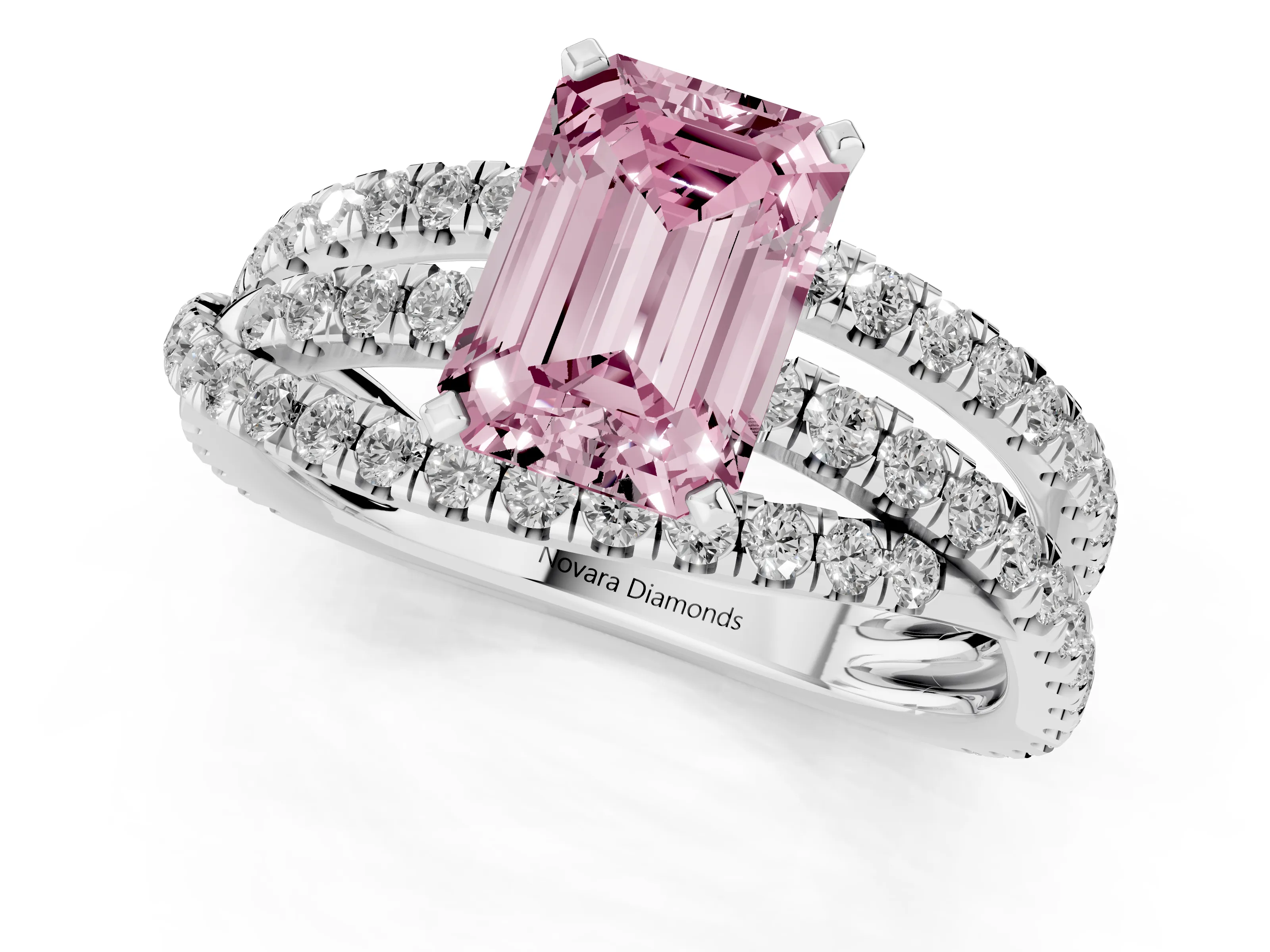 Fancy Pink Emerald Cut Diamond Solitaire Twist Band Ring Set in Silver with Pavé Setting and Prong Head