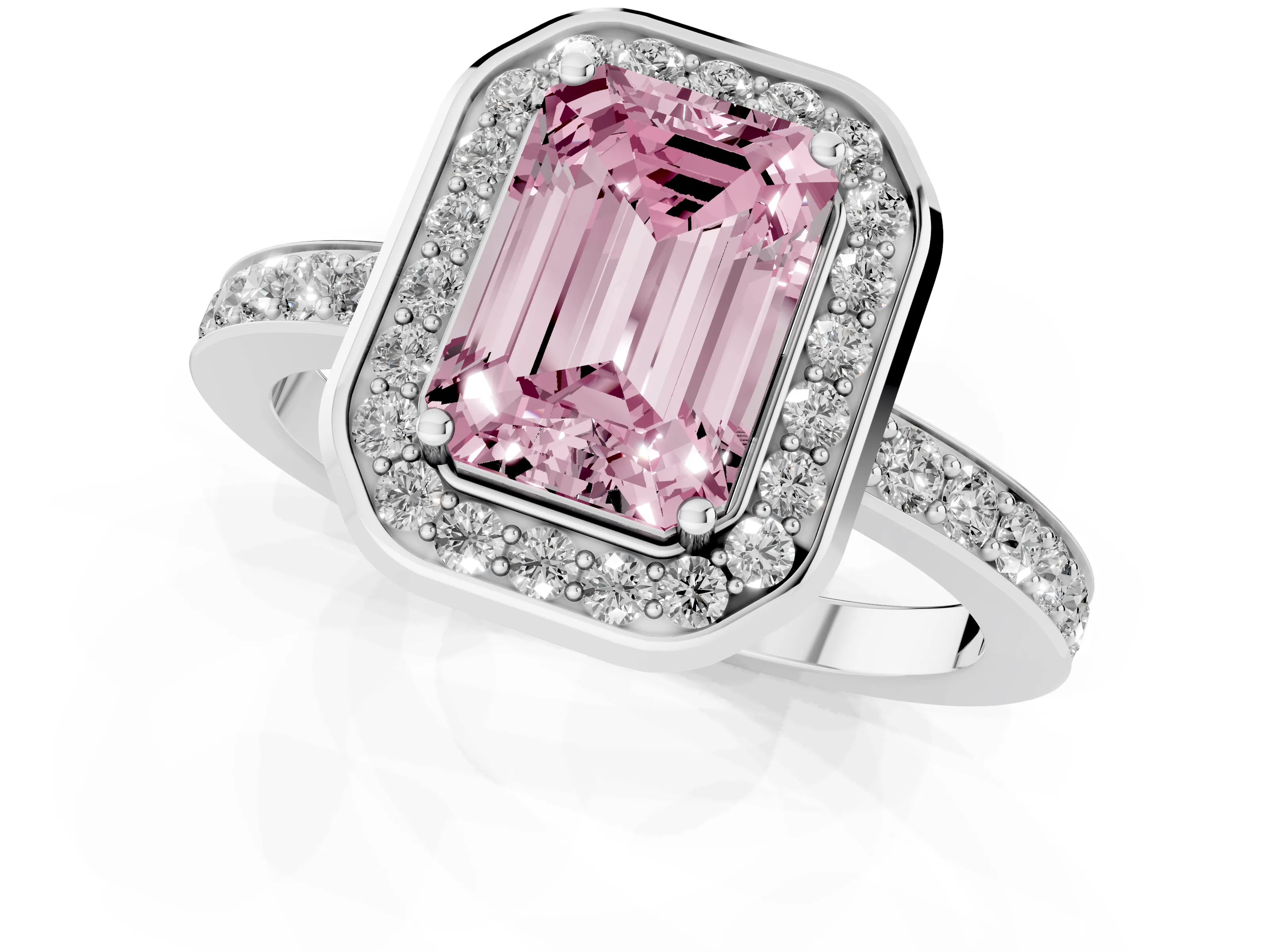 Fancy Pink Emerald Cut Diamond Halo Ring Set in White gold with Bezel Frame and Pavé Band