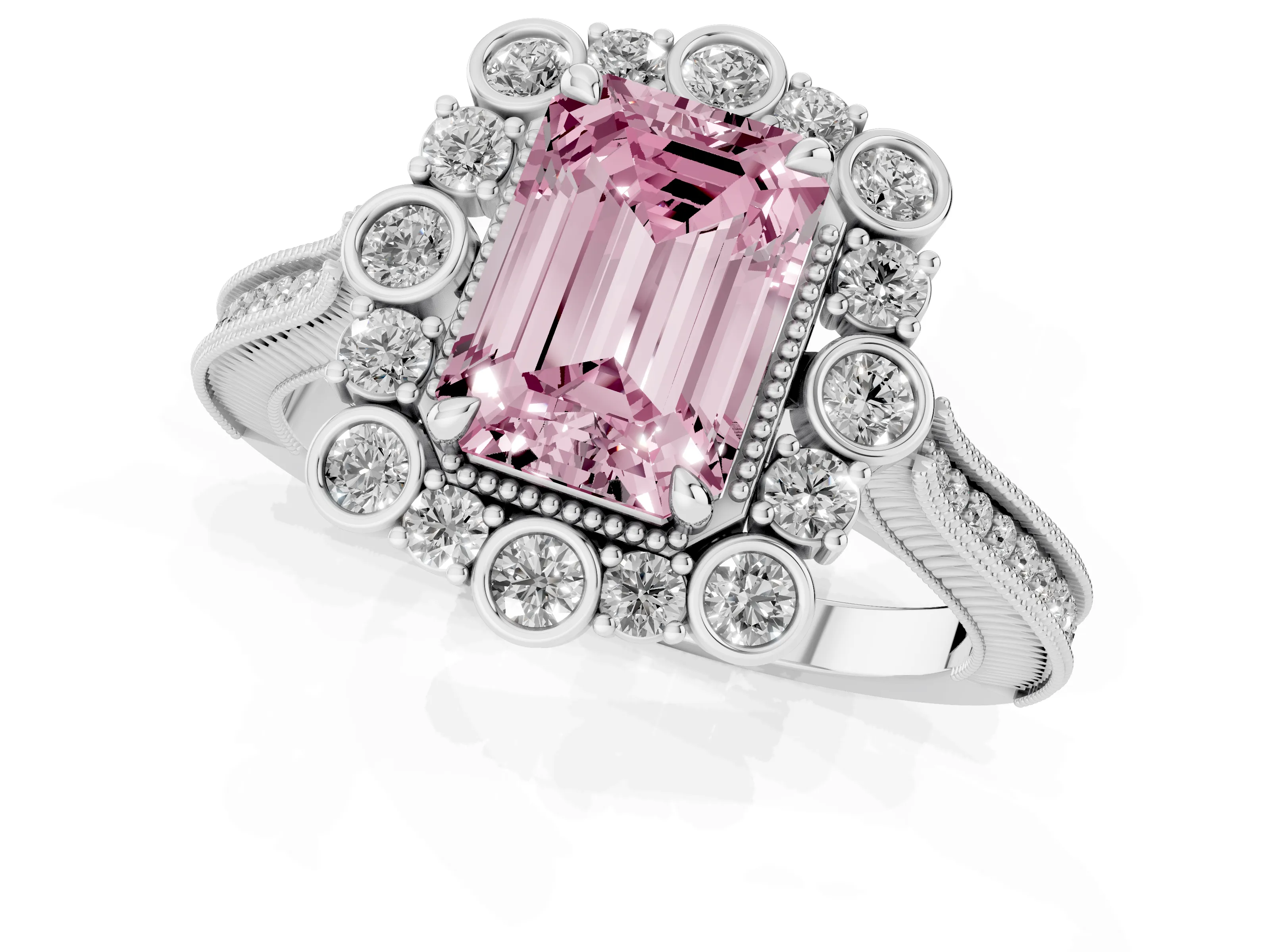 Fancy Pink Emerald Cut Diamond Halo Milgrain Pavé Ring Set in White gold with Prong Setting