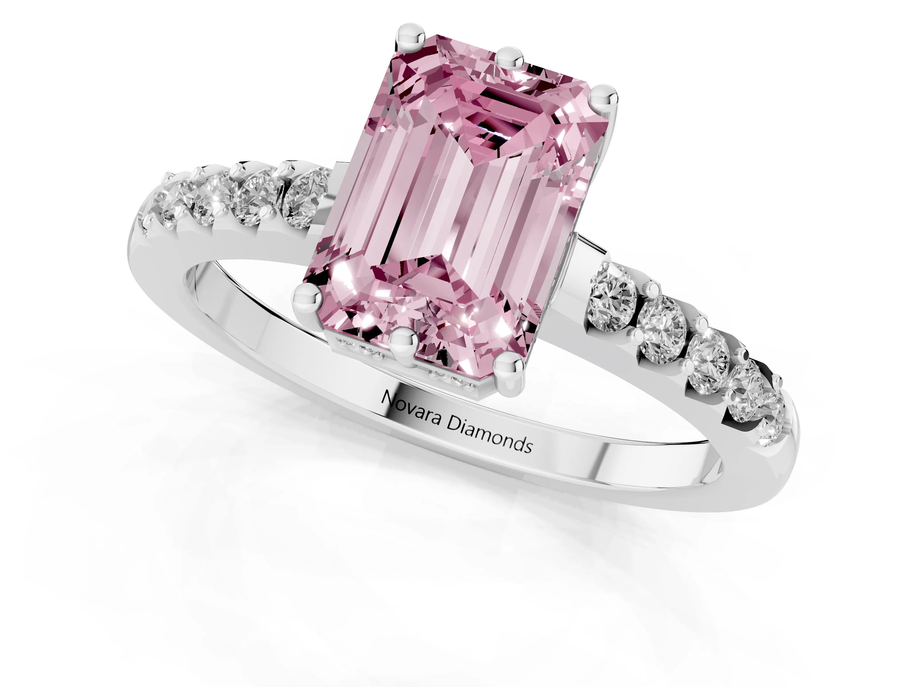 Fancy Pink Emerald Cut Diamond Solitaire Engagement Ring Set in Silver with Pavé Band and Prong Setting