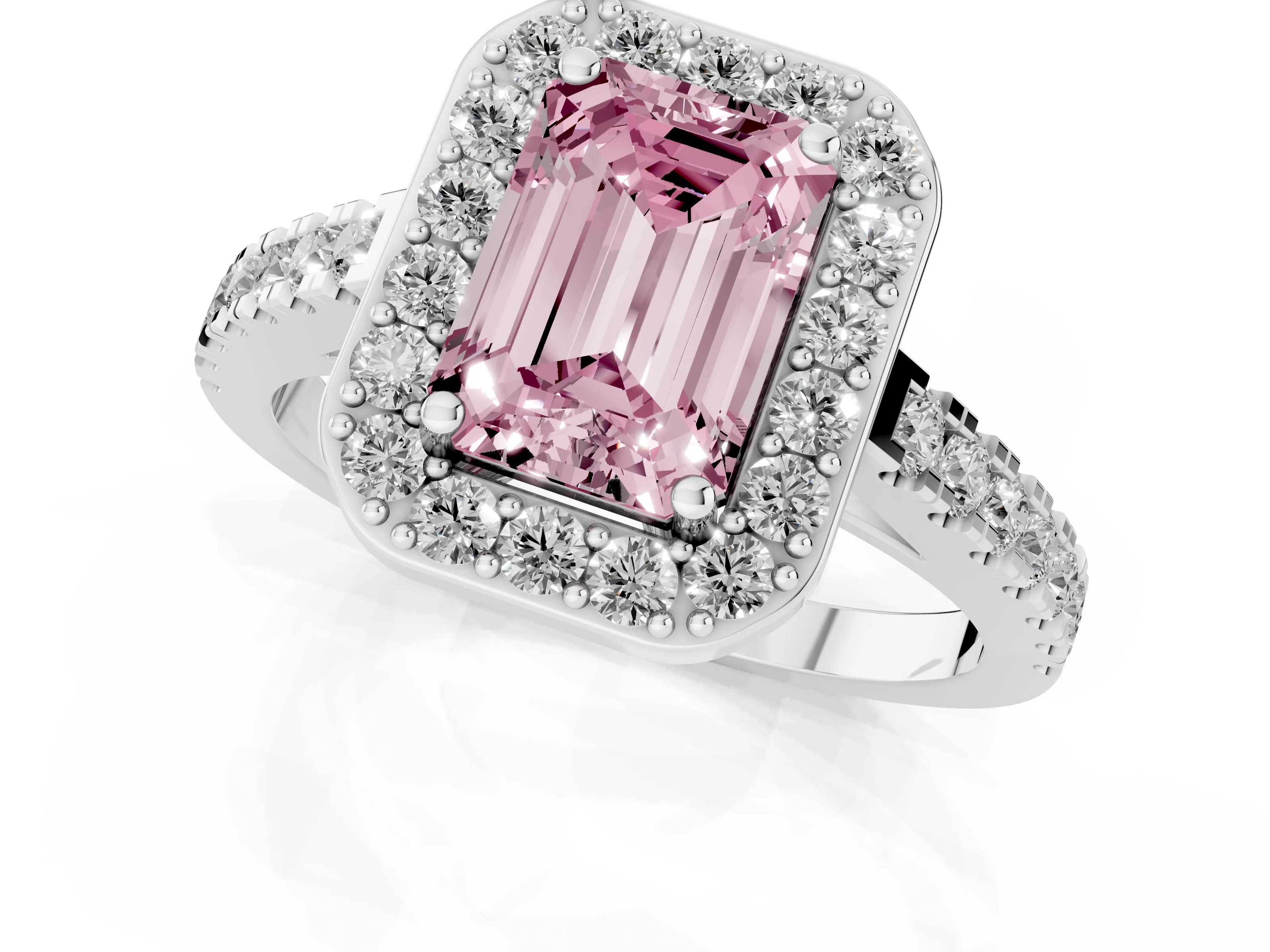 Fancy Pink Emerald Cut Diamond Halo Ring Set in Silver with Round Pavé Split Shank and Prong Setting
