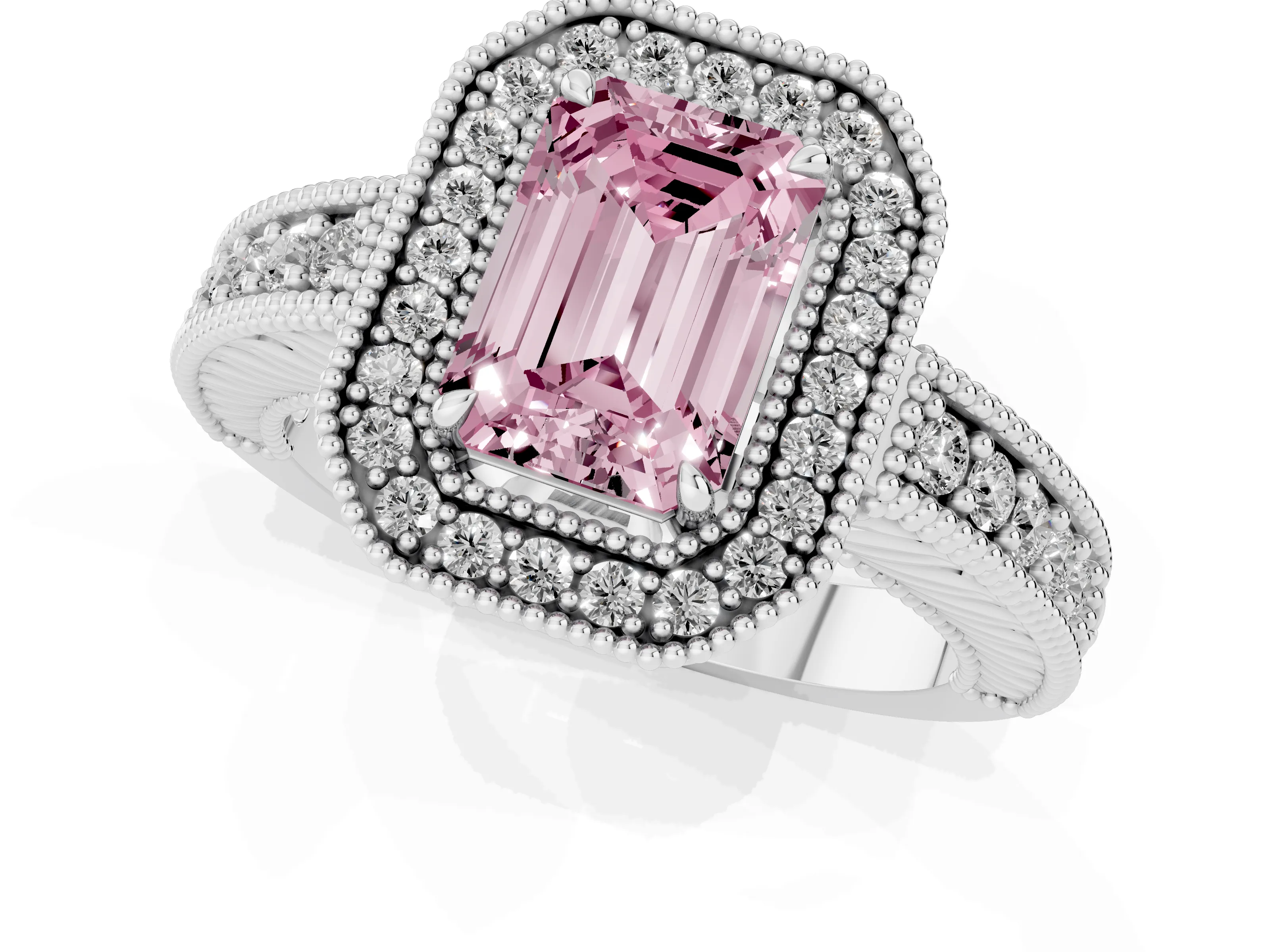 Fancy Pink Emerald Cut Diamond Halo Ring Set in White gold with Round Accent Halo, Pavé Band and Prong Setting
