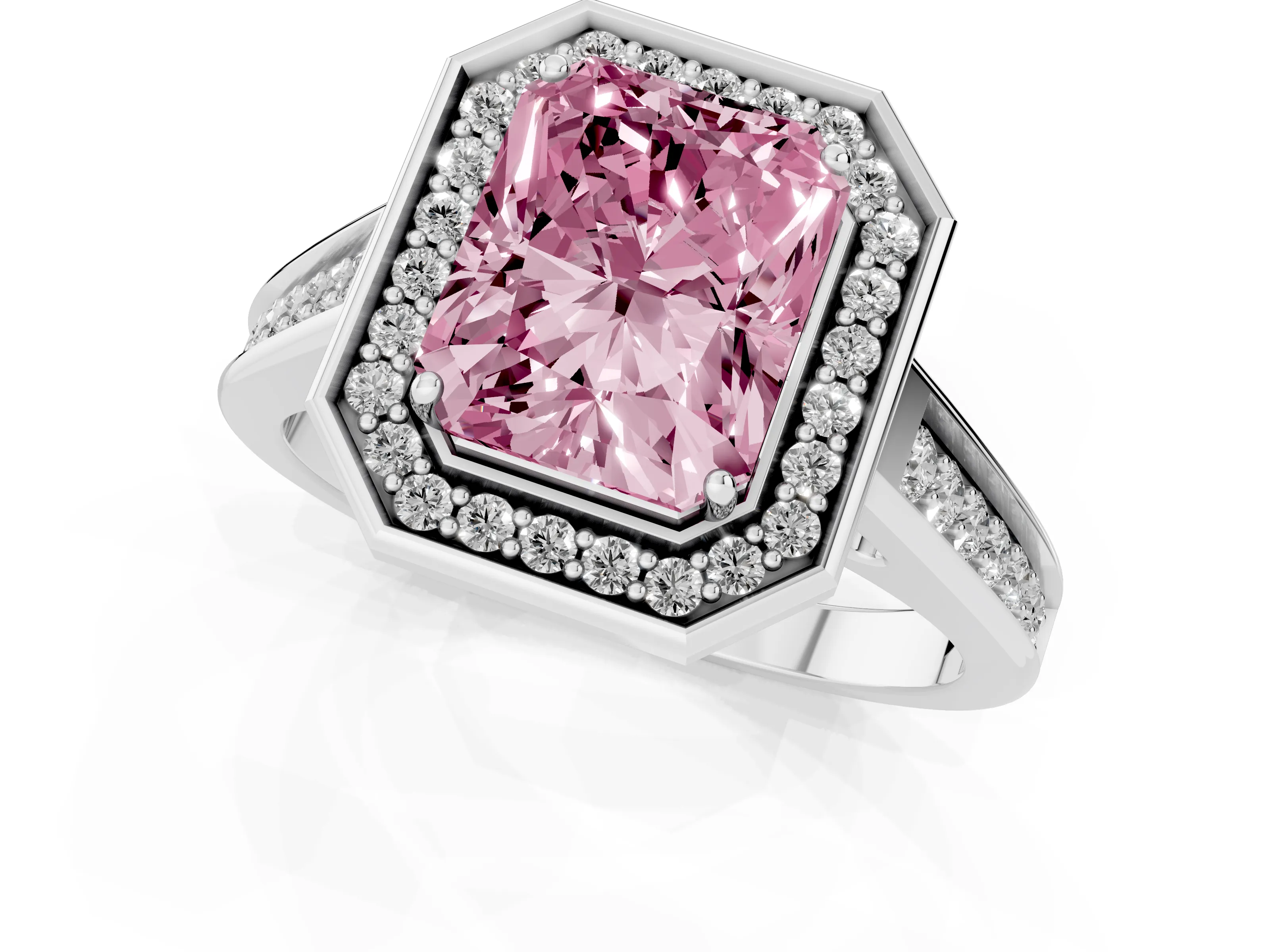 Fancy Pink Emerald Cut Diamond Halo Solitaire Ring Set in Platinum with Pavé Band and Bezel Setting