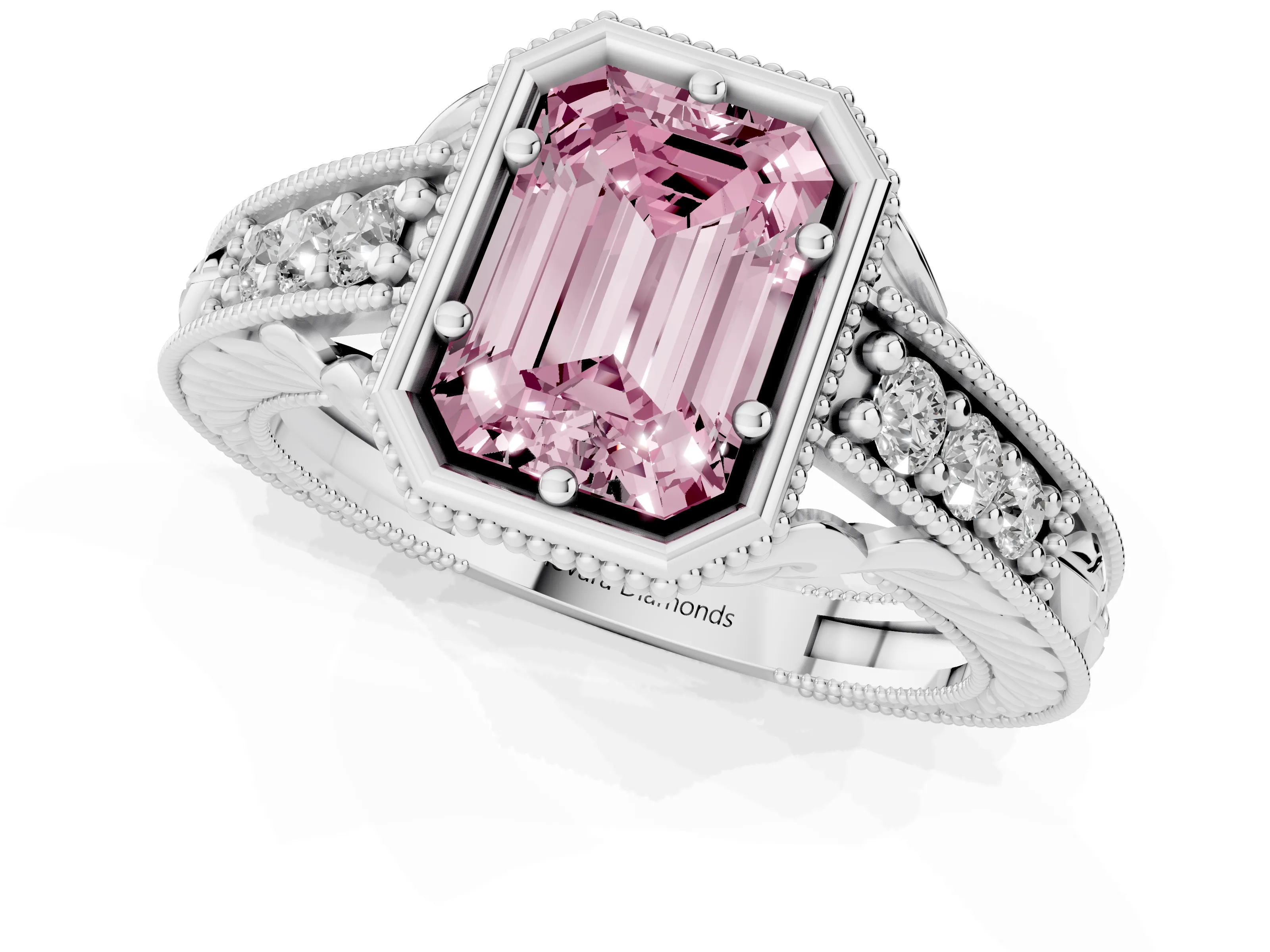 Fancy Pink Bezel Set Emerald Cut Diamond Milgrain Pavé Engagement Ring Set in Platinum