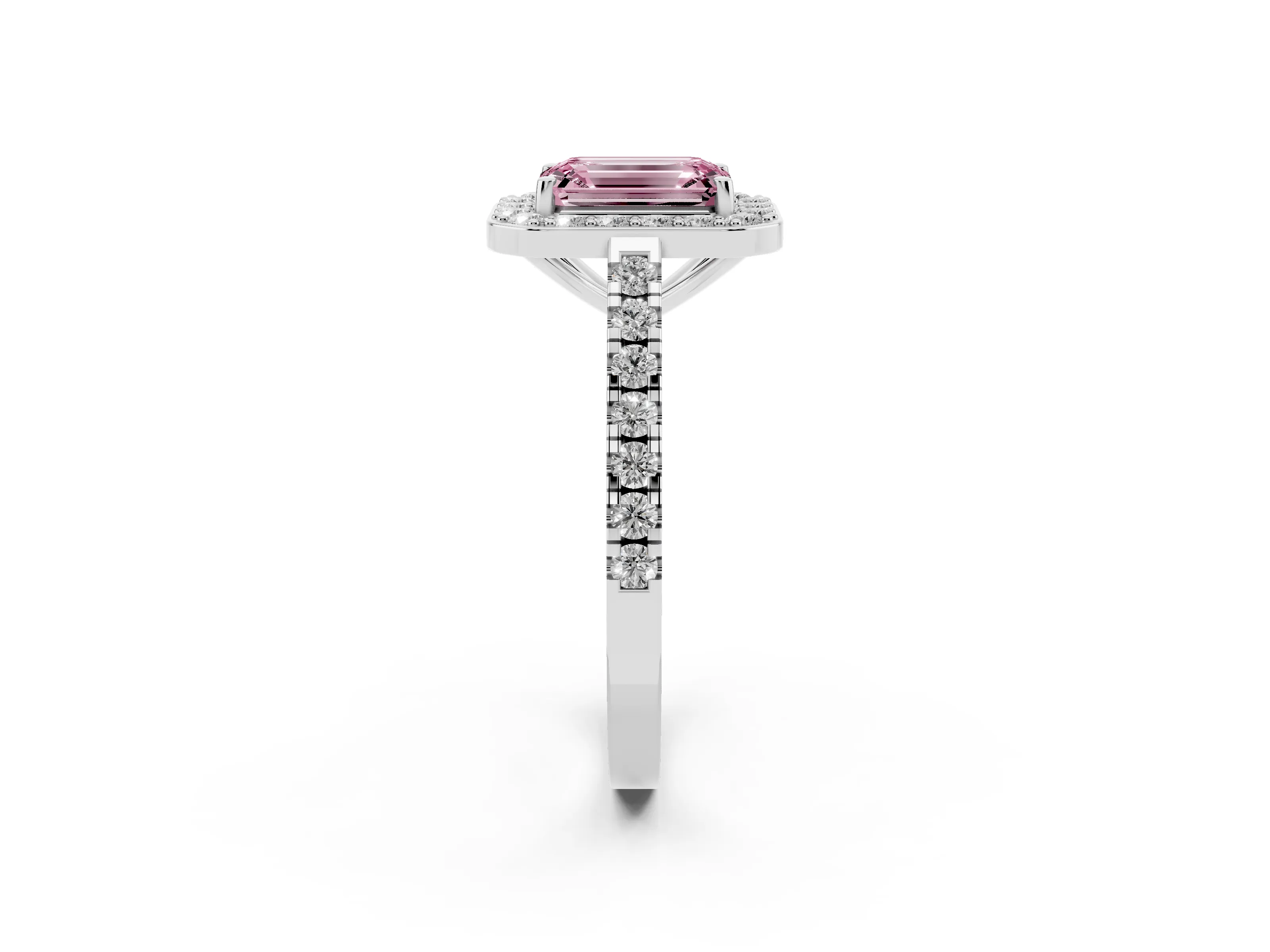 Fancy Pink Emerald Cut Diamond Halo Ring Set in Silver with Round Pavé Split Shank and Prong Setting