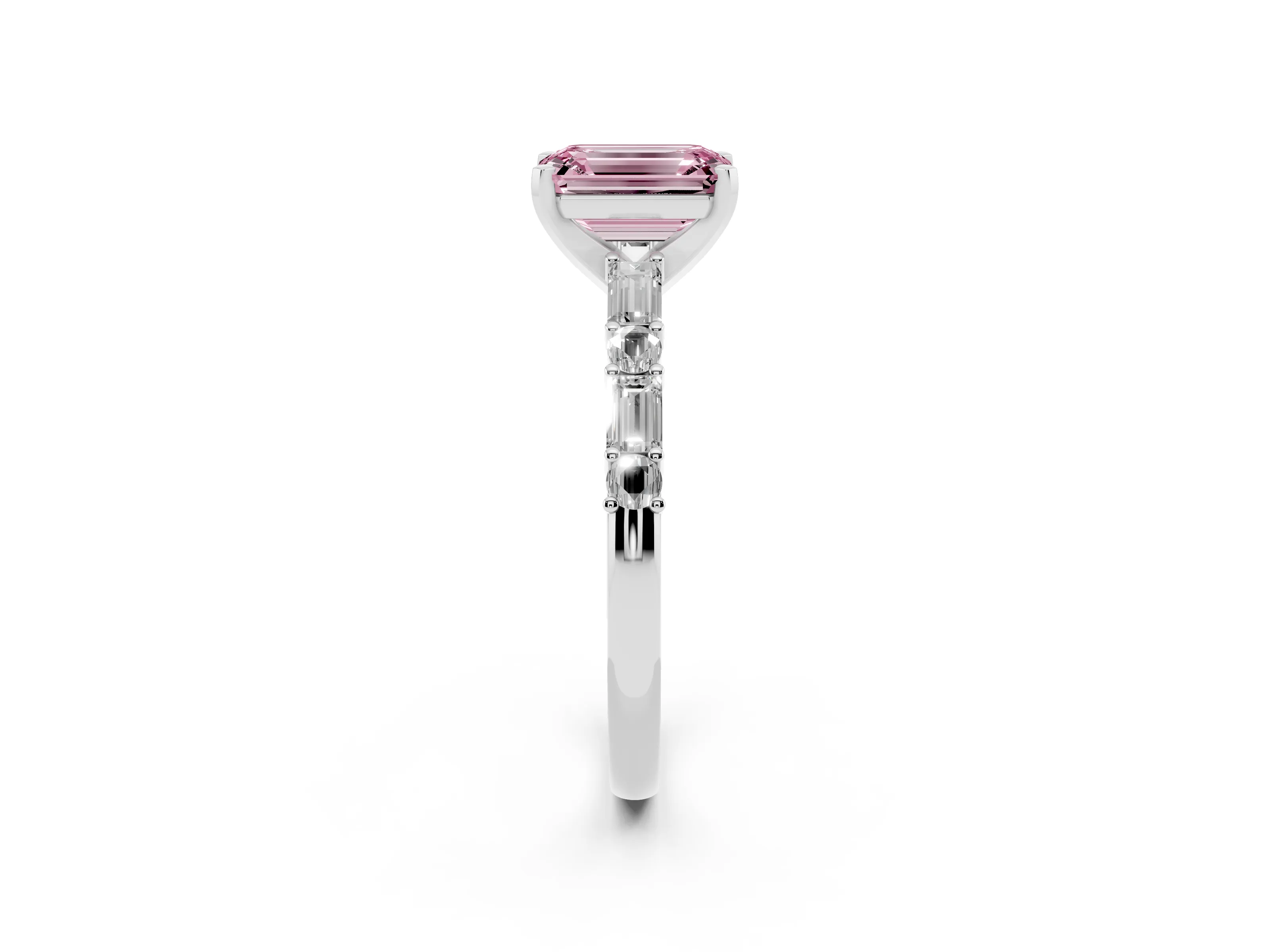 Fancy Pink Emerald Cut Diamond Solitaire Set in Platinum with Side Baguettes and Channel Set Band