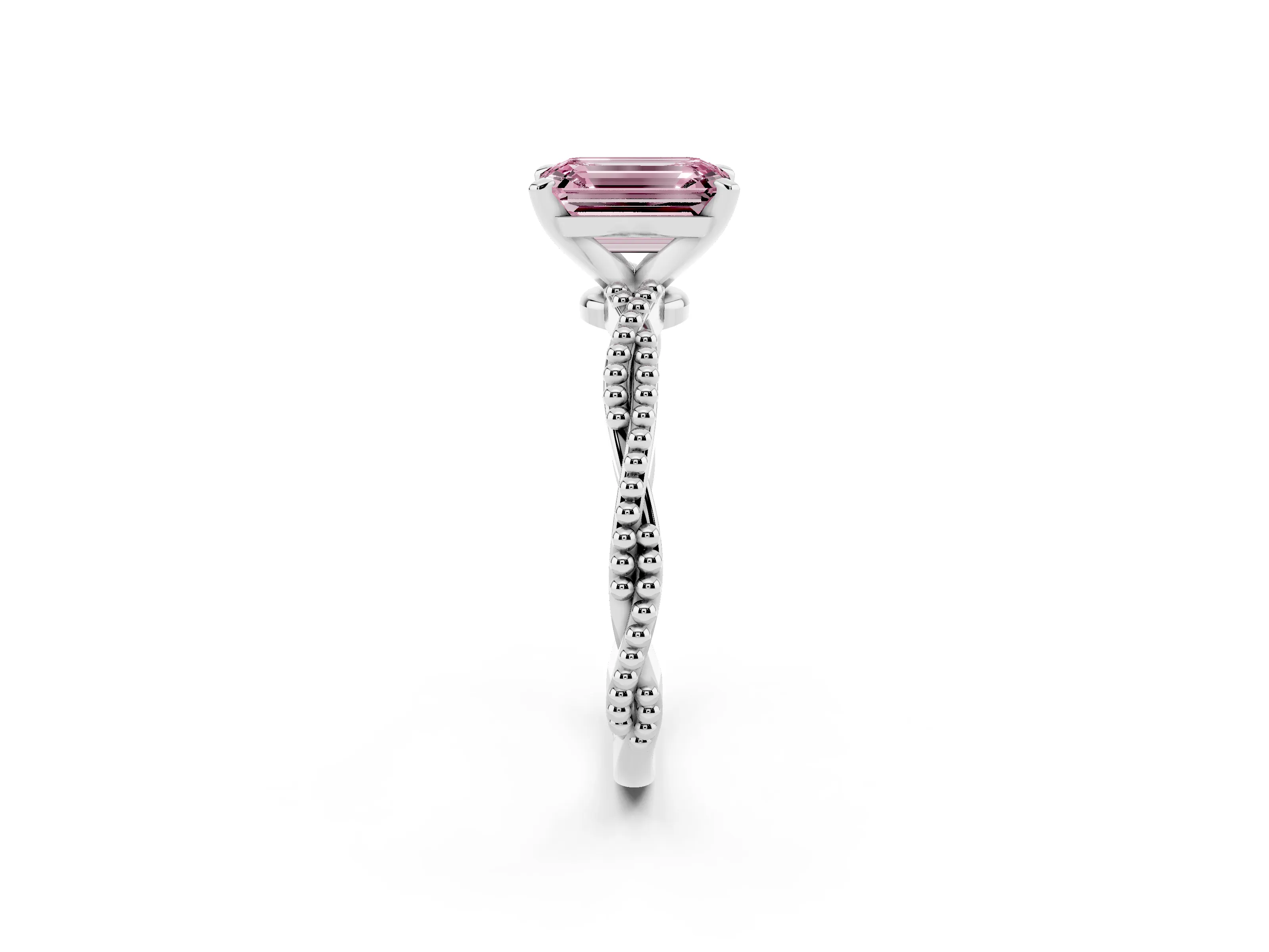 Fancy Pink Emerald Cut Diamond Solitaire Ring Set in Platinum with Twisted Band and Bead Prong Setting