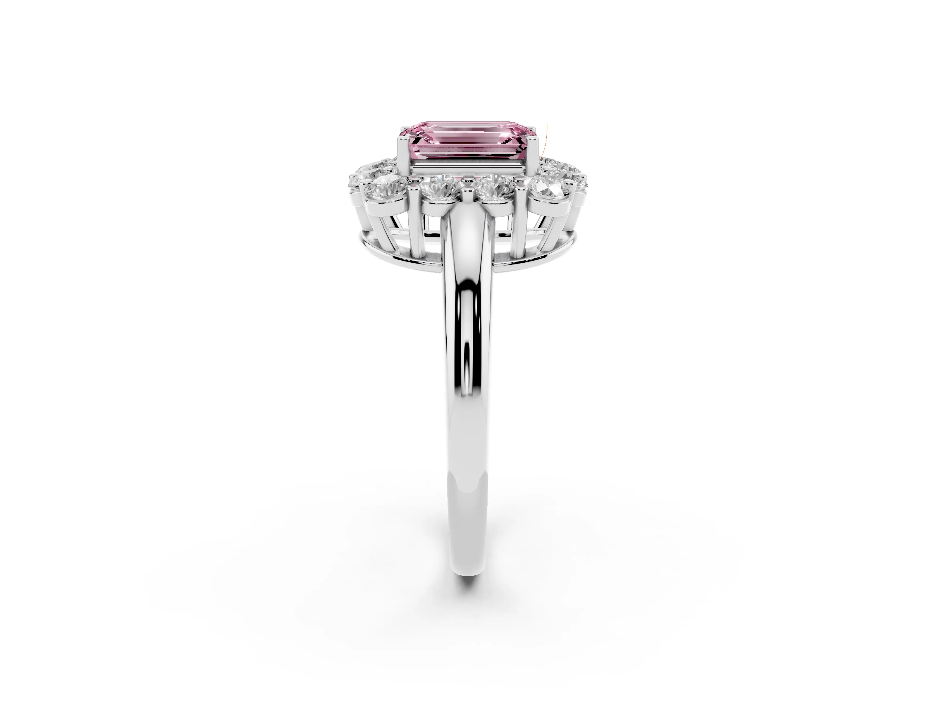 Fancy Pink Emerald Cut Diamond Halo Cluster Engagement Ring Set in White gold with Polished Band and Prong Setting